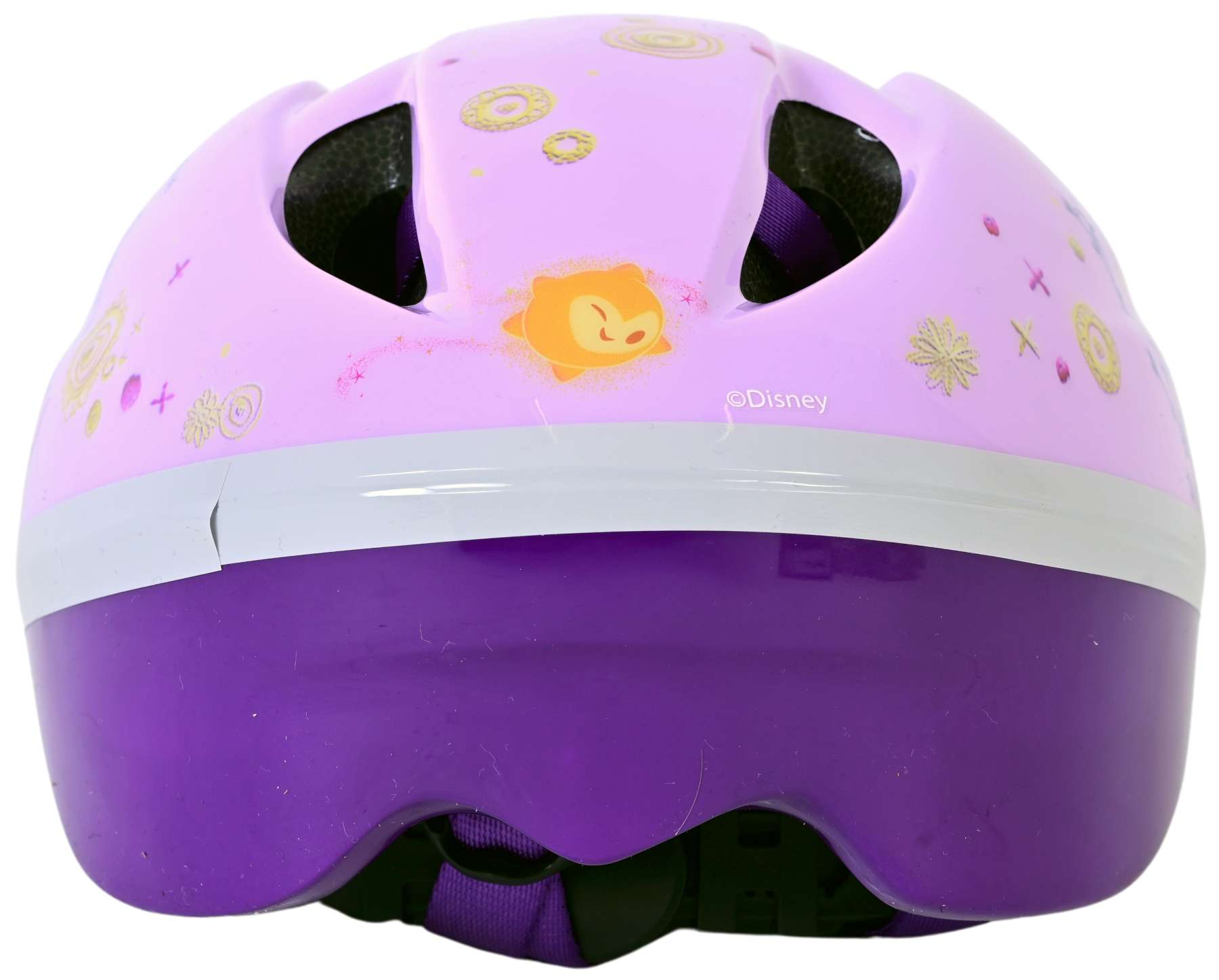 Rosa-lila Kinderhelm mit Disney-Grafiken.