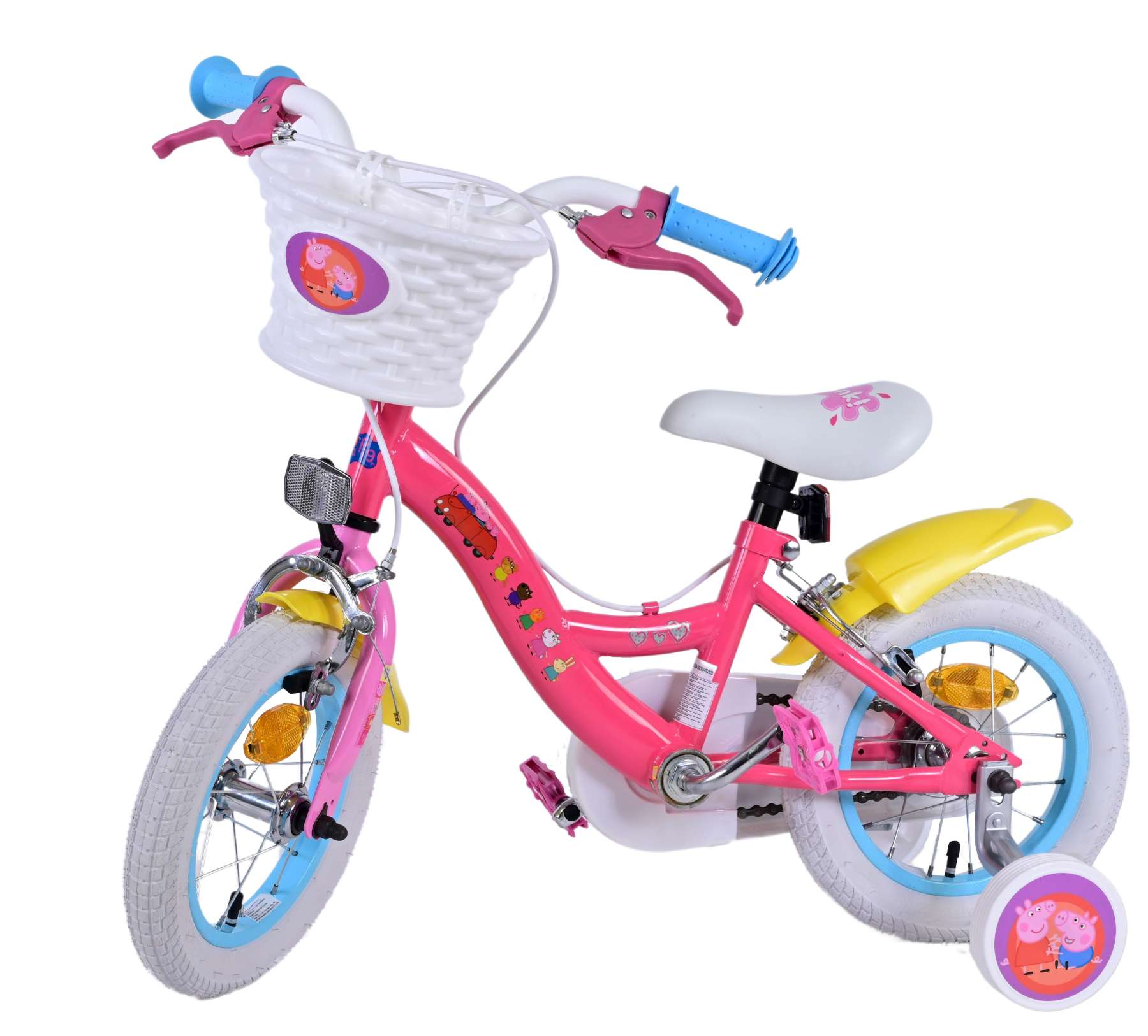 Rosa Kinderfahrrad mit Korb, Stützrädern und Peppa Pig-Designelementen.
