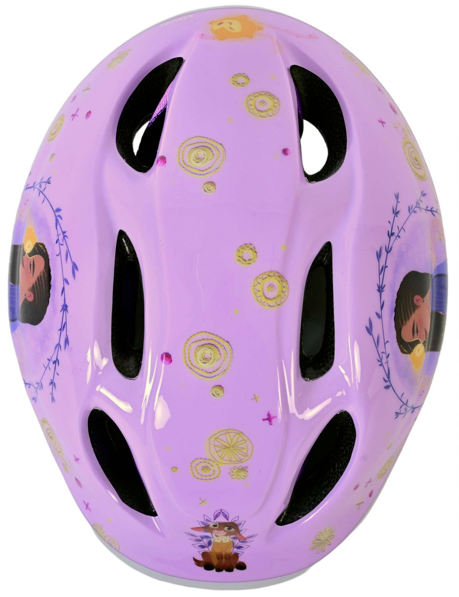 Lila Helm mit Zeichentrickfiguren und goldenen Designs.