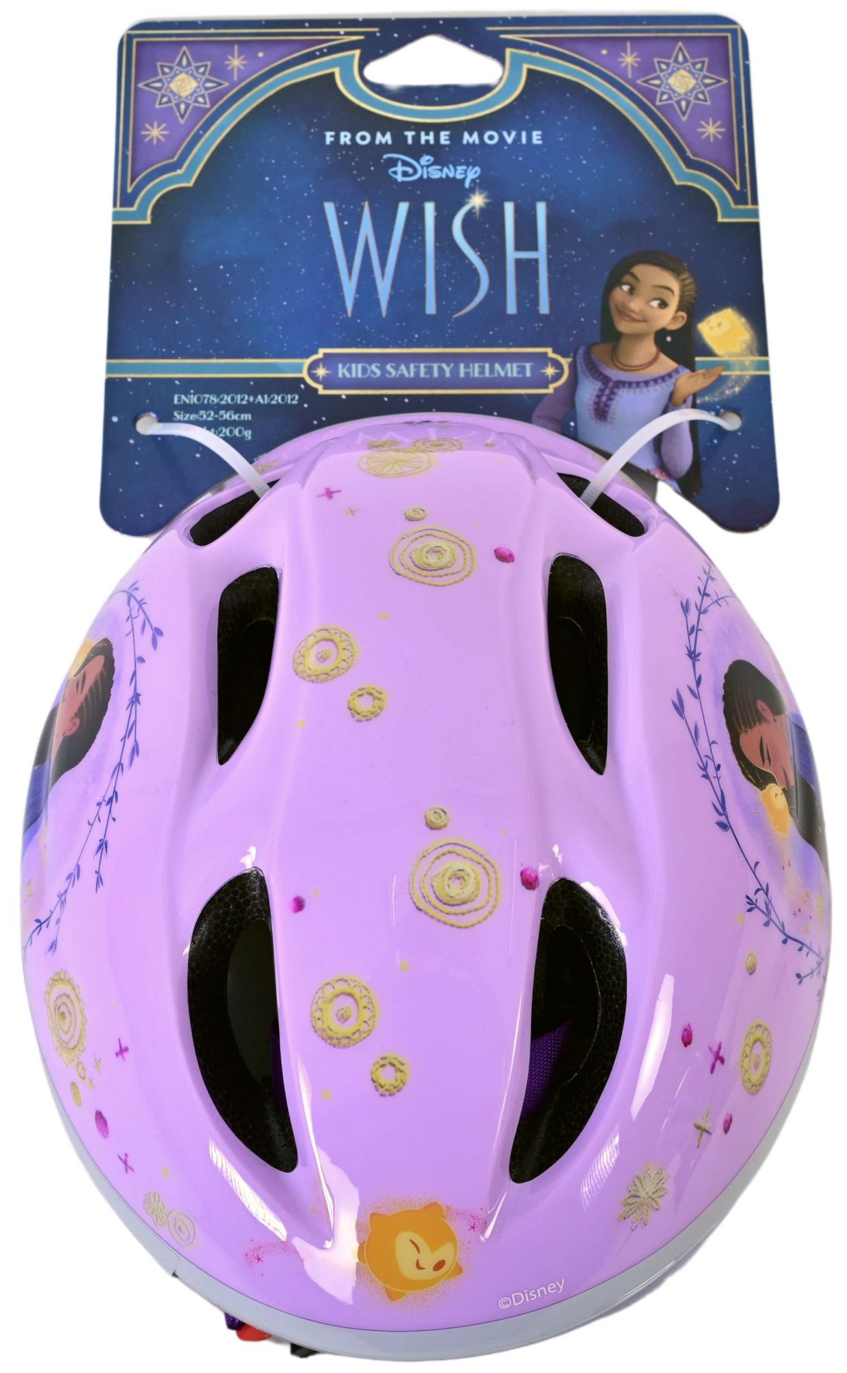 Lila Kindersicherheitshelm mit Design aus Disneys Wish. Der Helm hat ein Schmetterlingsdesign.