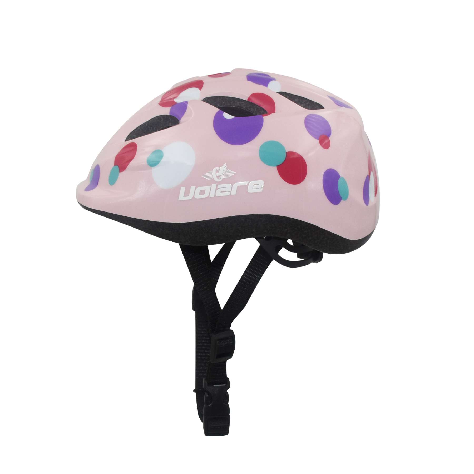 Pinker Helm mit bunten Polka Dots. Mit schwarzen Riemen und dem 'Volare'-Logo.
