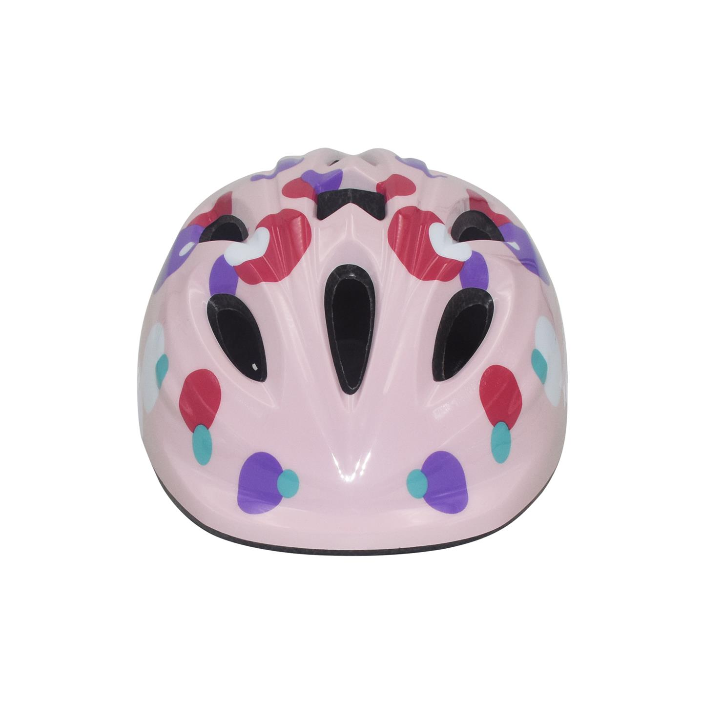 Rosa Fahrradhelm mit Blumenmuster. Schwarze Belüftungsöffnungen. Weißer Hintergrund.