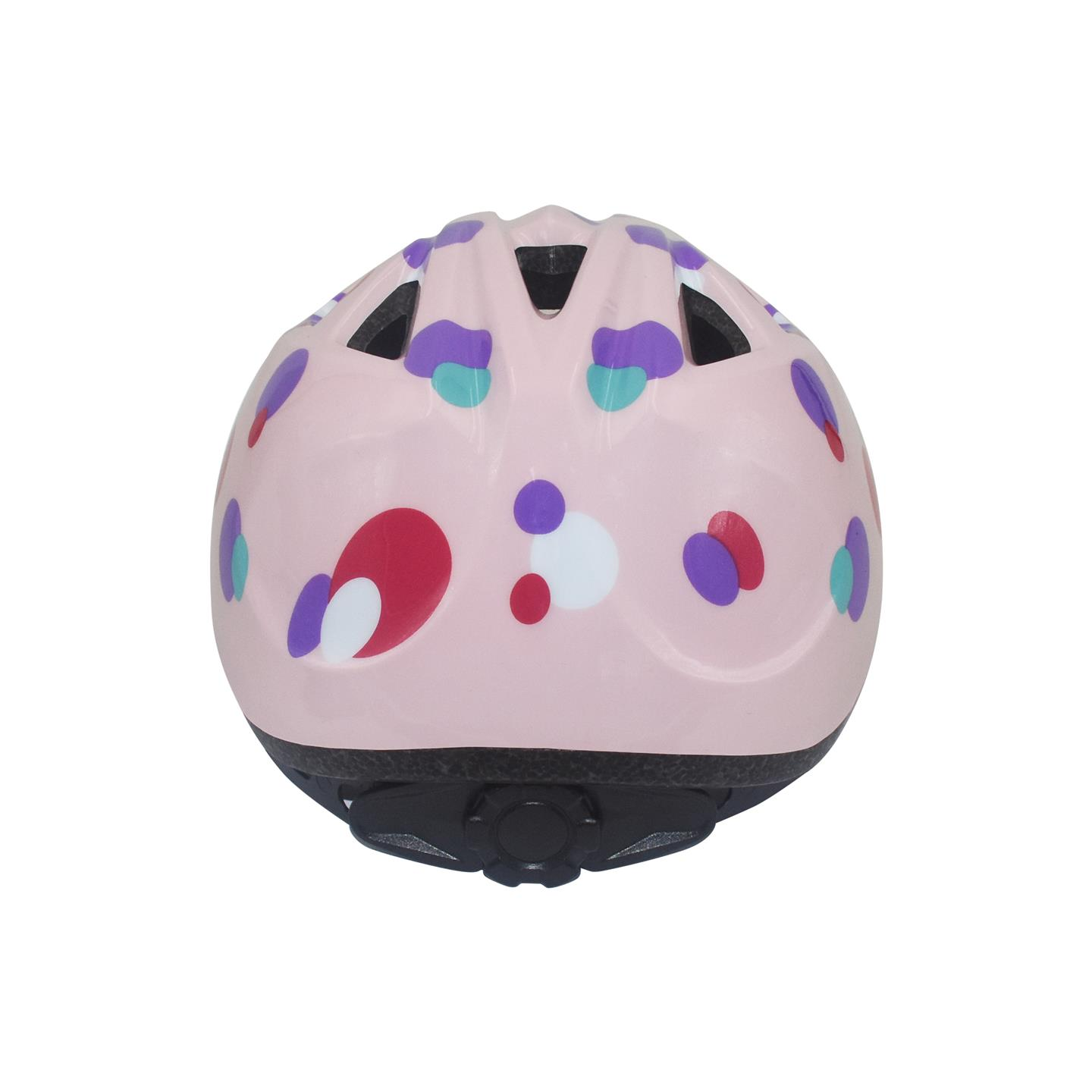 Rosa Kinderhelm mit lila, blauen und roten Tupfen.