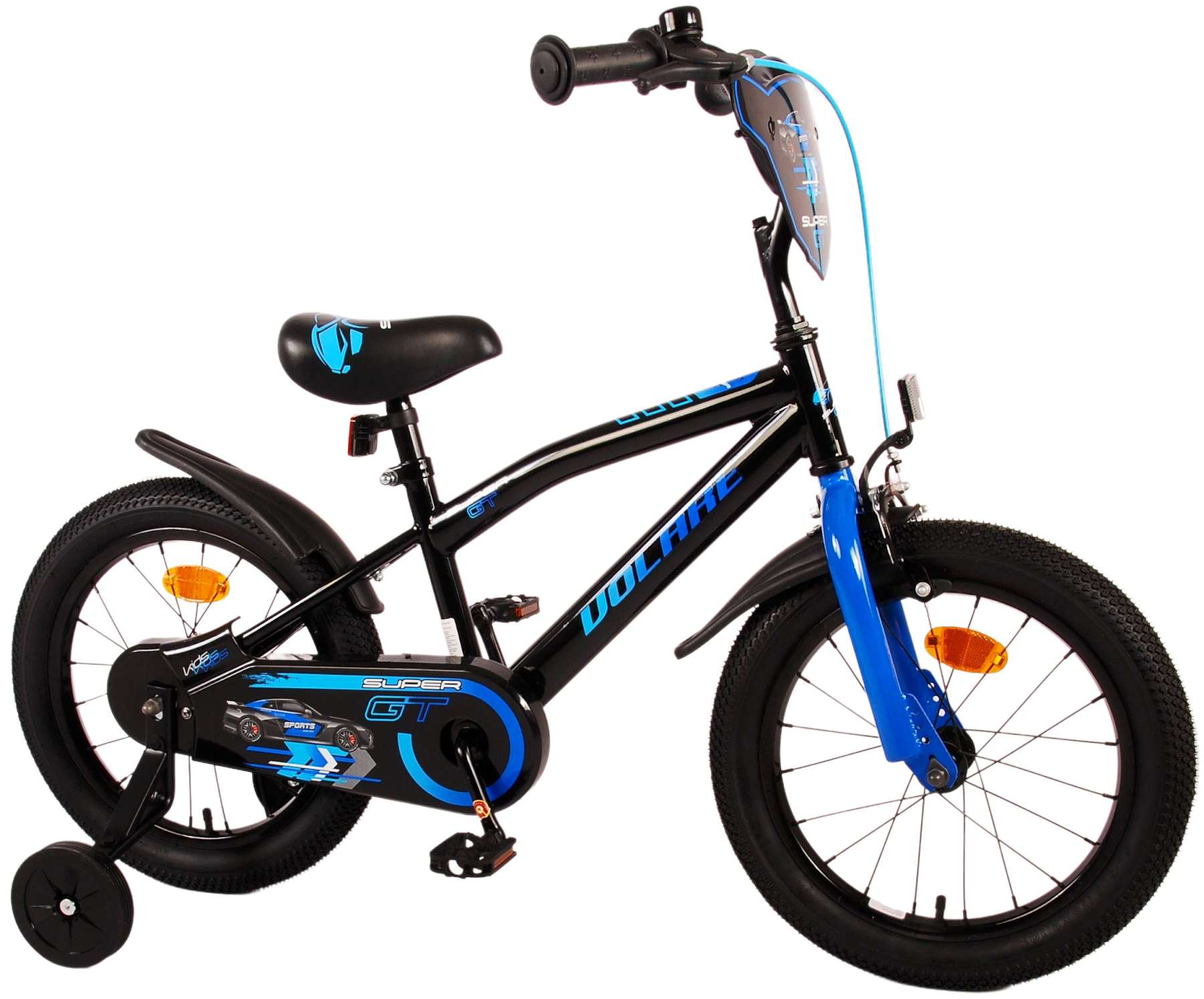 Schwarz-blaues Kinderfahrrad mit 'Super GT'-Schriftzug, Volare-Logo und Stützrädern.