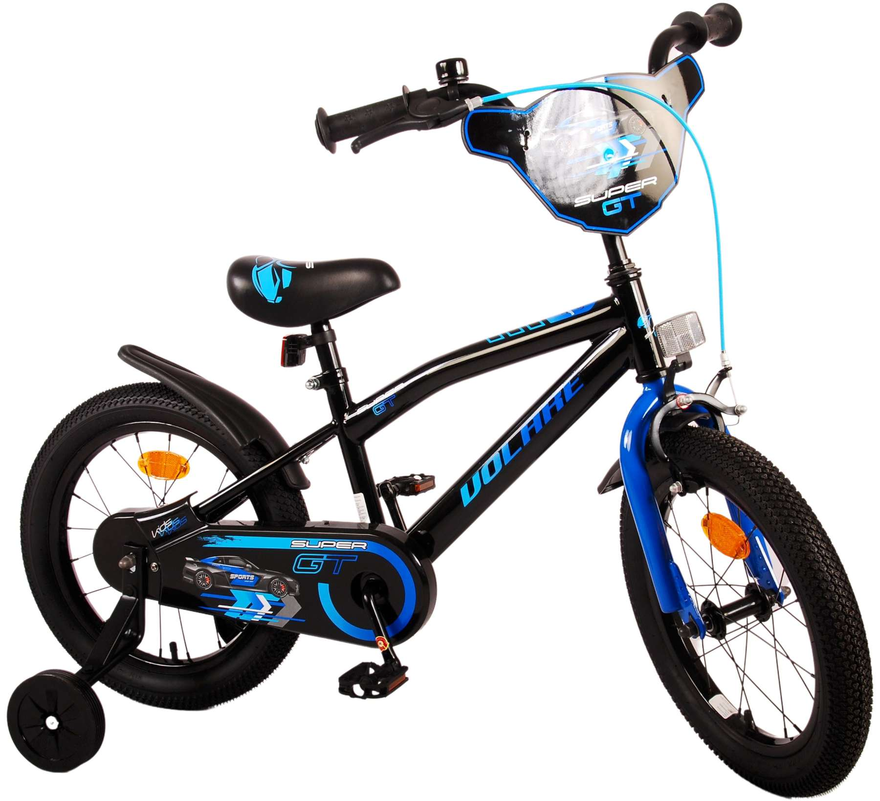 Schwarz-blaues Kinderfahrrad. Es hat Stützräder und den Namen 'VOLARE' auf dem Rahmen.
