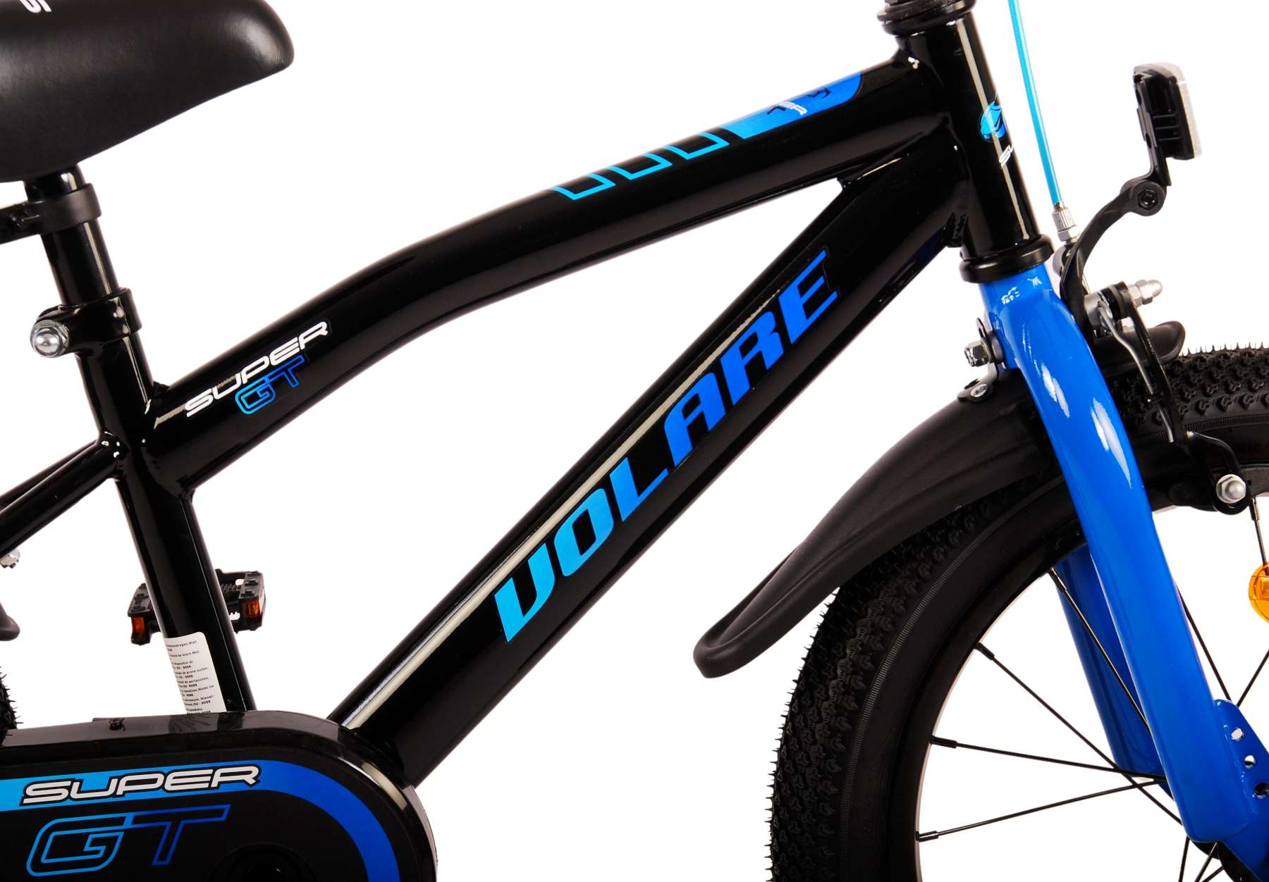 Nahaufnahme eines schwarz-blauen Fahrradrahmens mit 'VOLARE'.