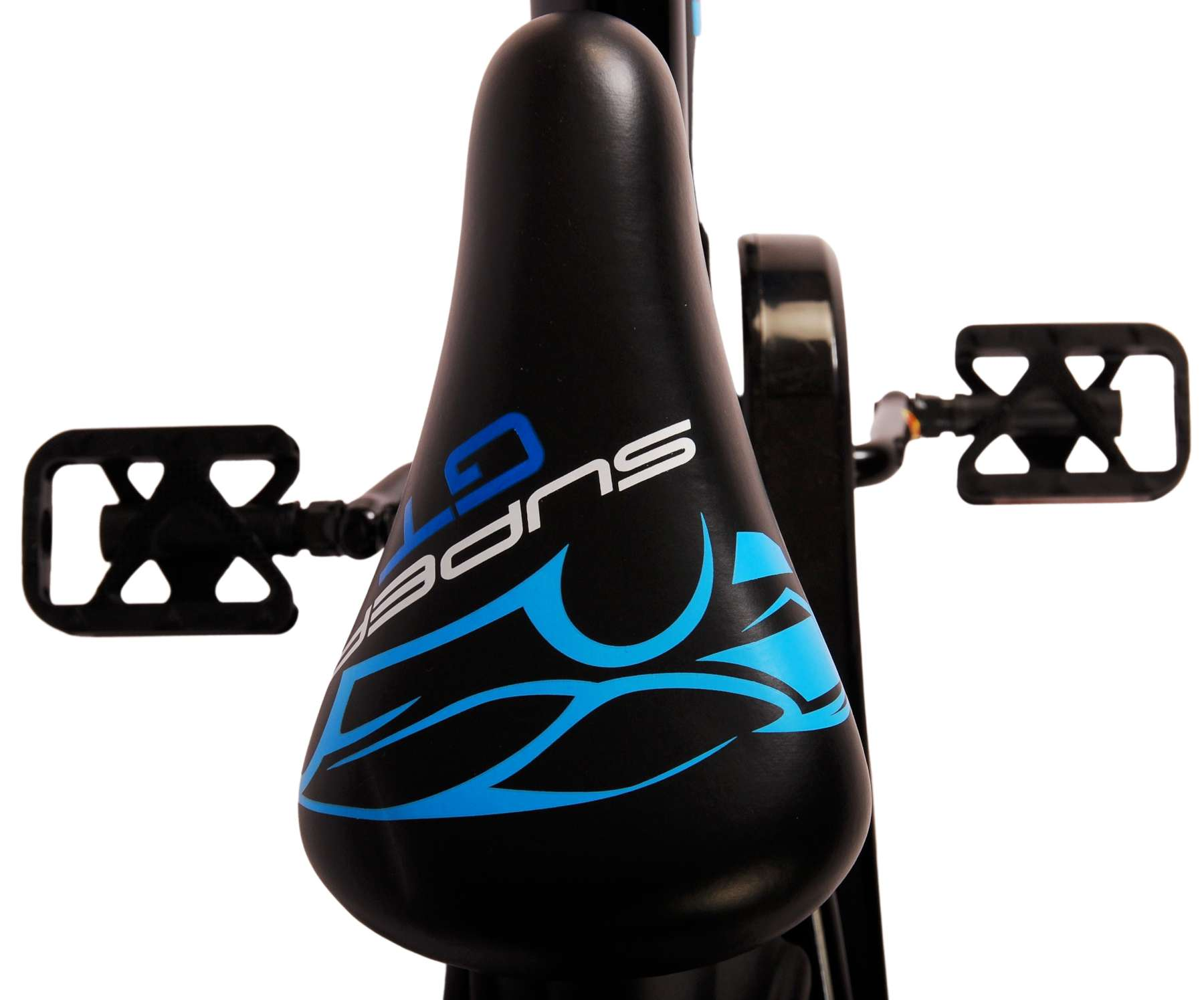 Schwarzer Fahrradsitz mit blauem und weißem 'Super GT'-Design.