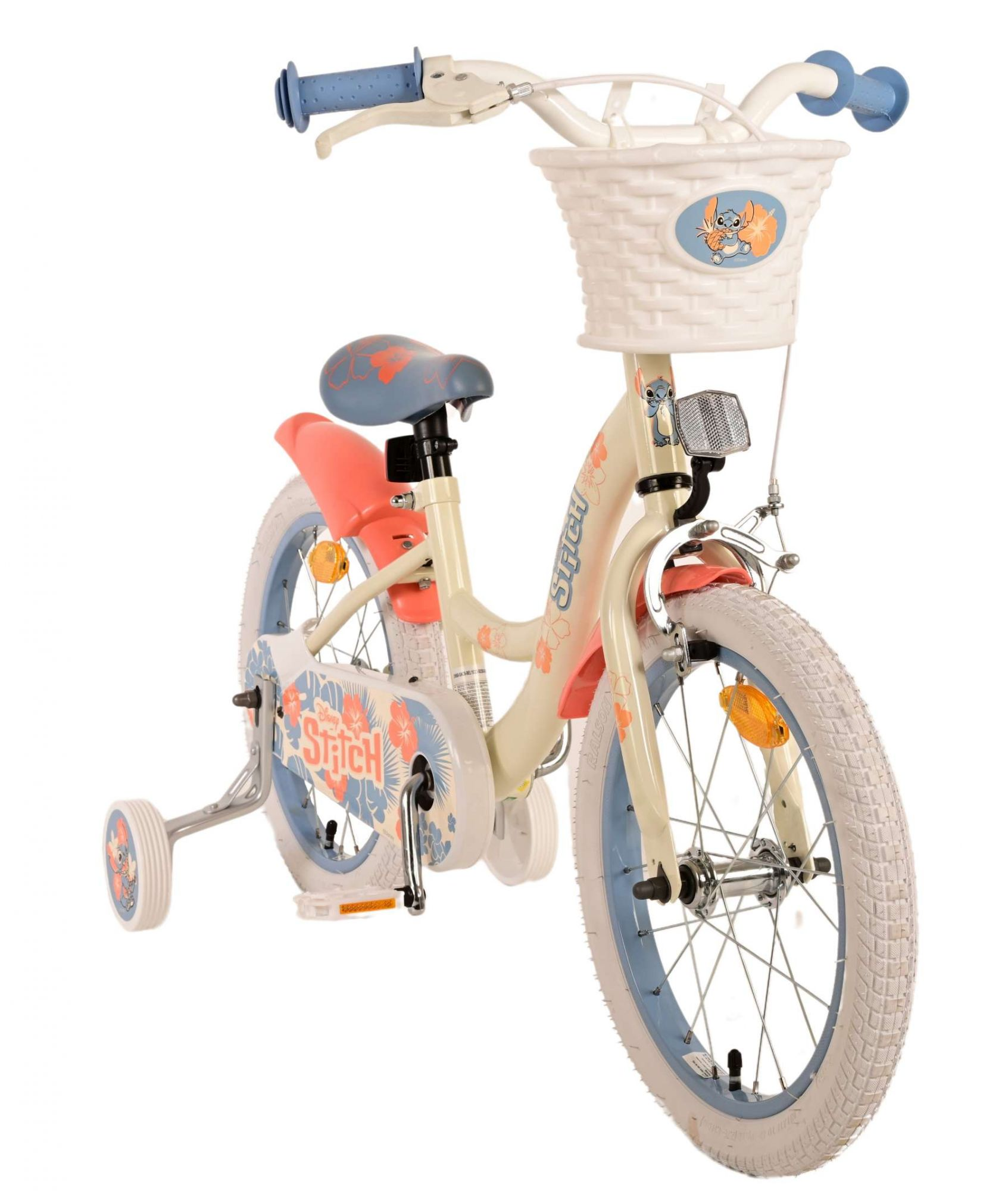 Ein weißes und rosa Kinderfahrrad mit Korb und Stützrädern. Mit Stitch-Design.