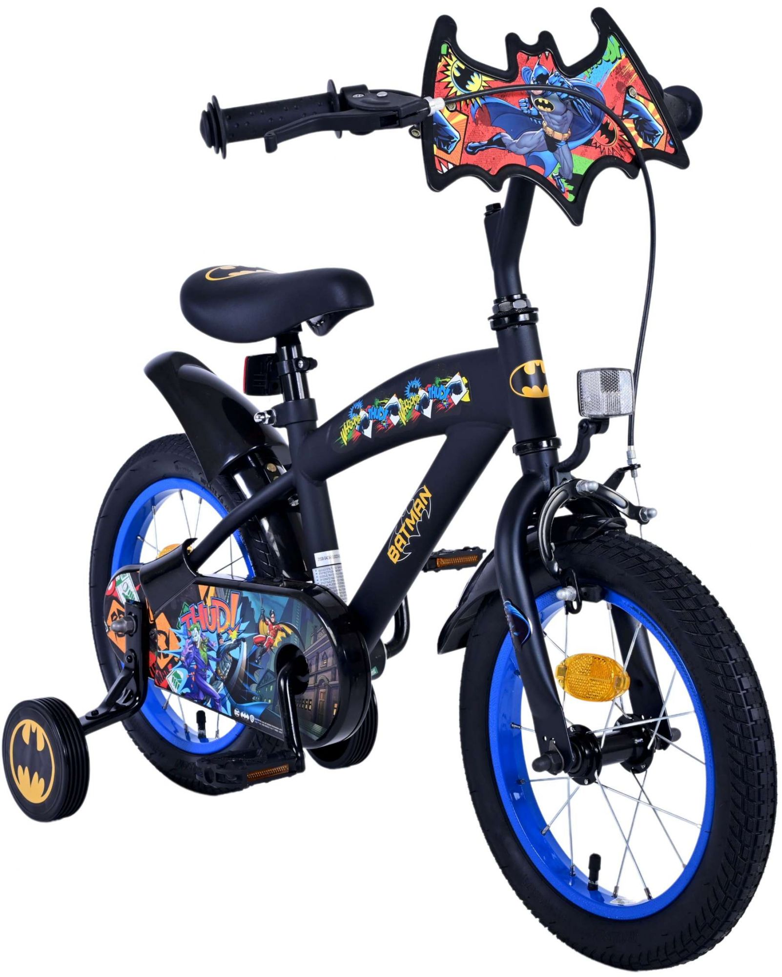 Batman-Fahrrad für Kinder, schwarz mit blauen Akzenten und Stützrädern. Die Marke ist Batman.