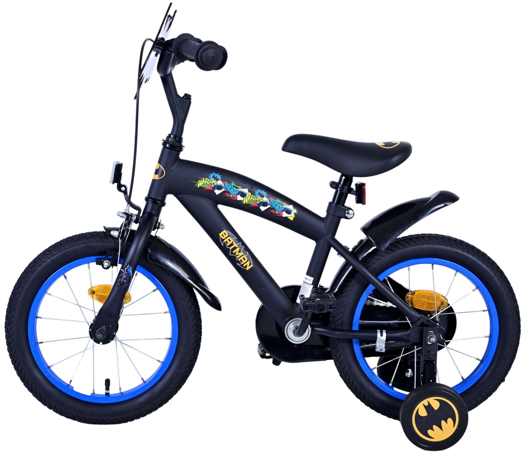 Schwarzes Batman-Fahrrad mit blauen Felgen, Stützrädern, Batman-Logo und schwarzem Lenker.