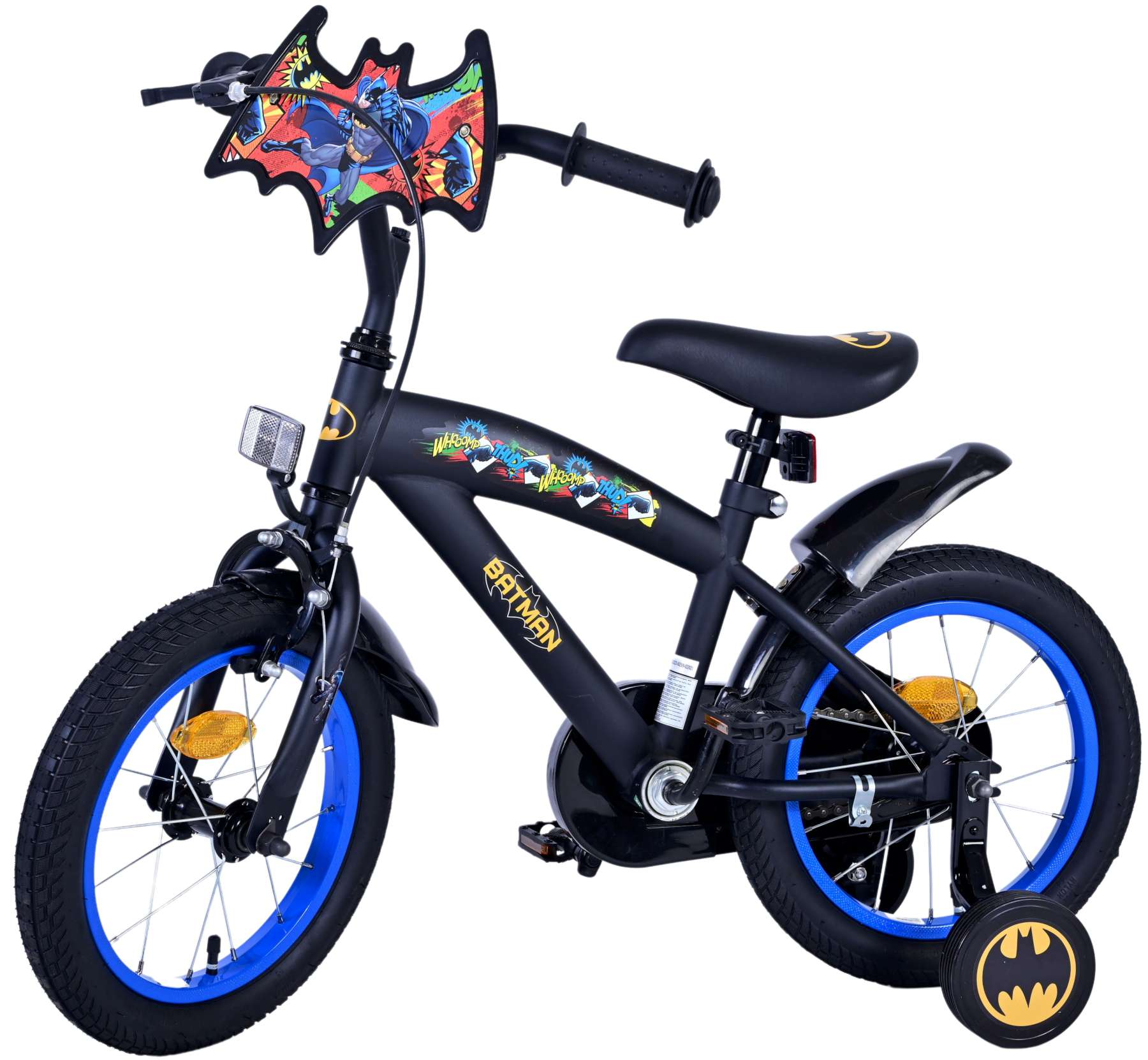 Schwarzes Batman-Fahrrad. Blaue Räder, Batman-Logo vorne. Schwarzer Sattel und Lenker.