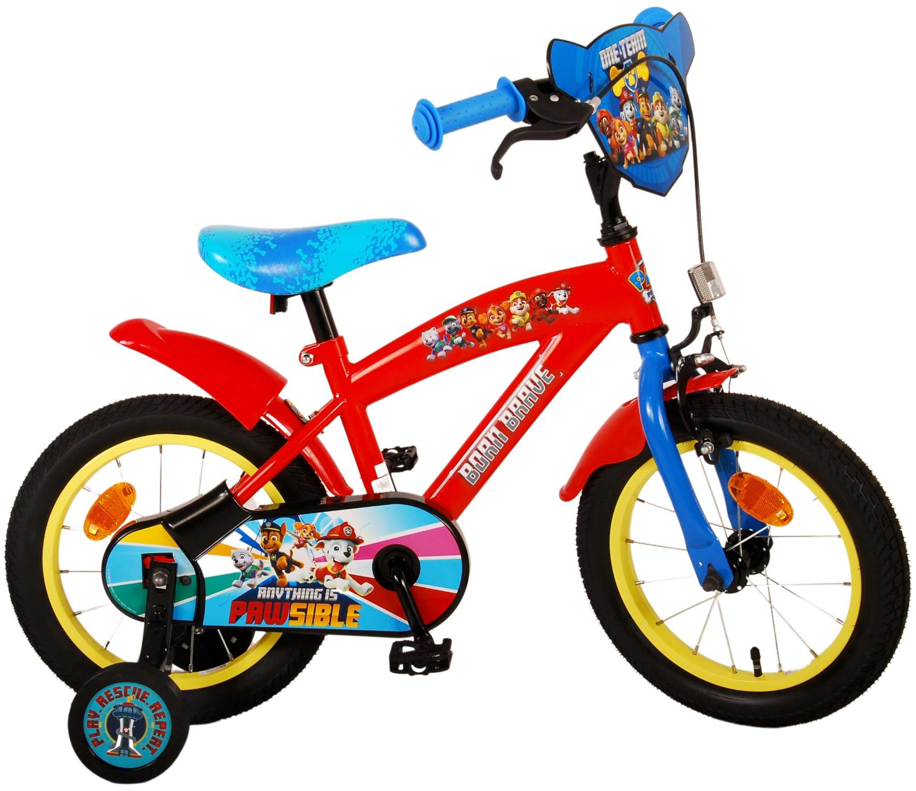 Ein rotes Fahrrad mit Paw Patrol-Charakteren, Stützrädern und einem blauen Schild am Lenker.