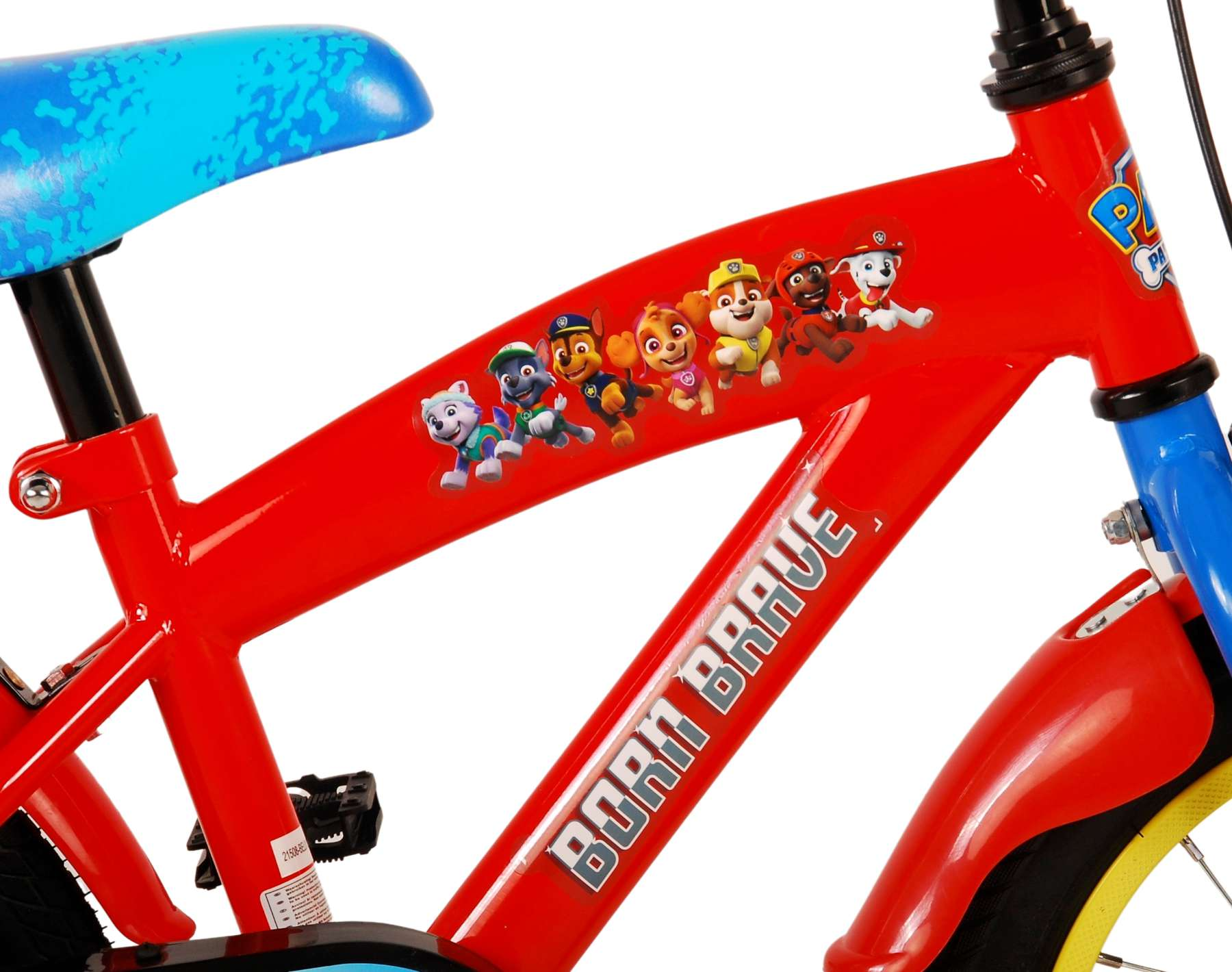 Roter Fahrradrahmen mit Paw Patrol-Charakteren. Blauer Sitz. Weißer Hintergrund.