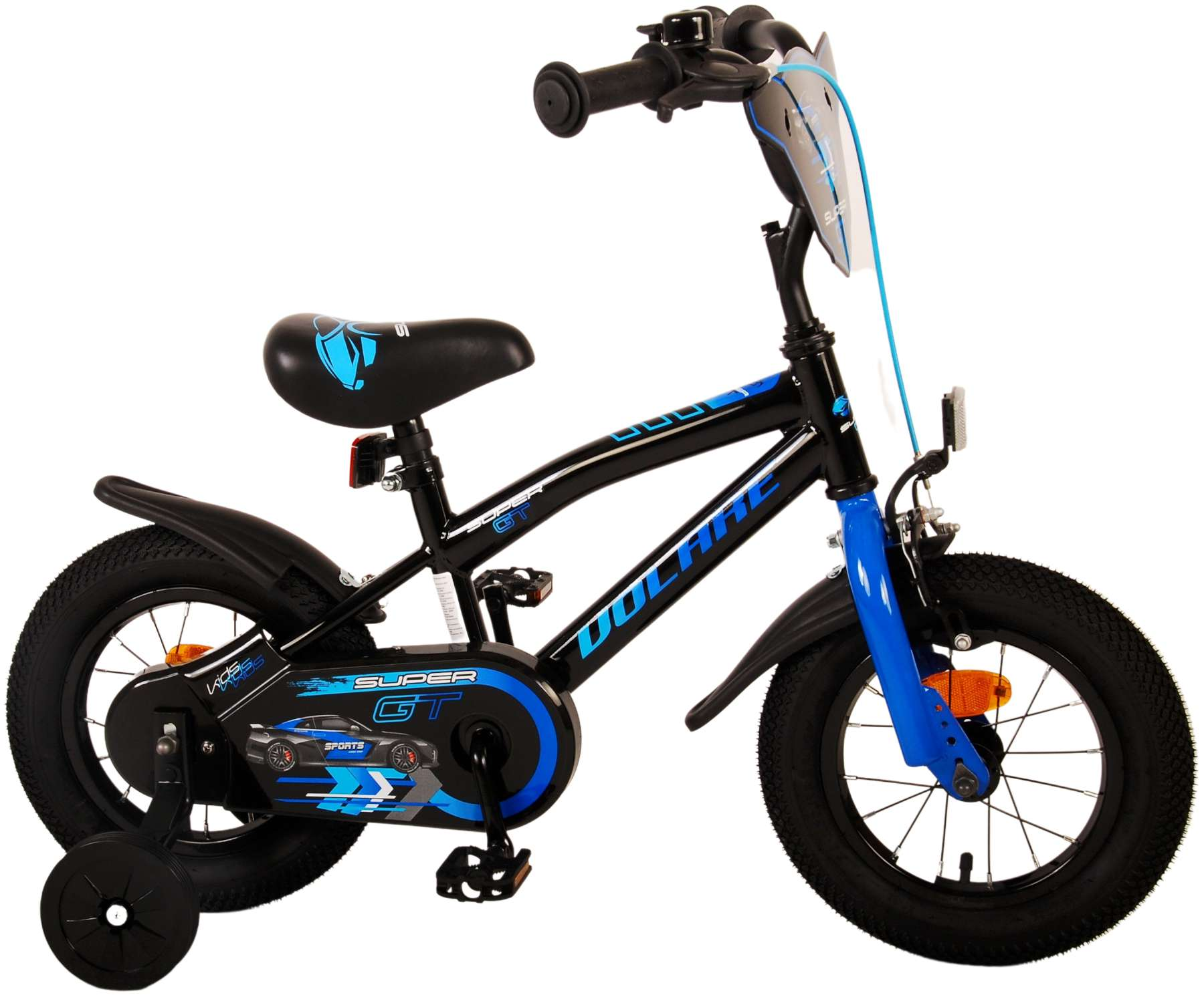 Schwarz-blaues Kinderfahrrad mit Stützrädern und schwarzem Sattel.