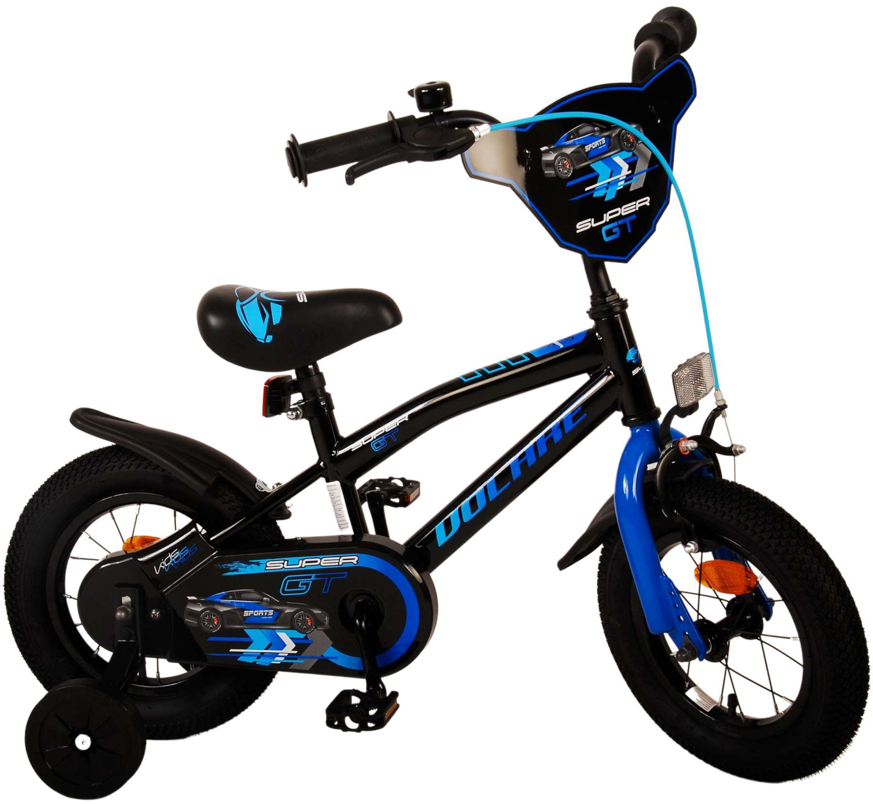 Schwarzes und blaues Kinderfahrrad mit Stützrädern.