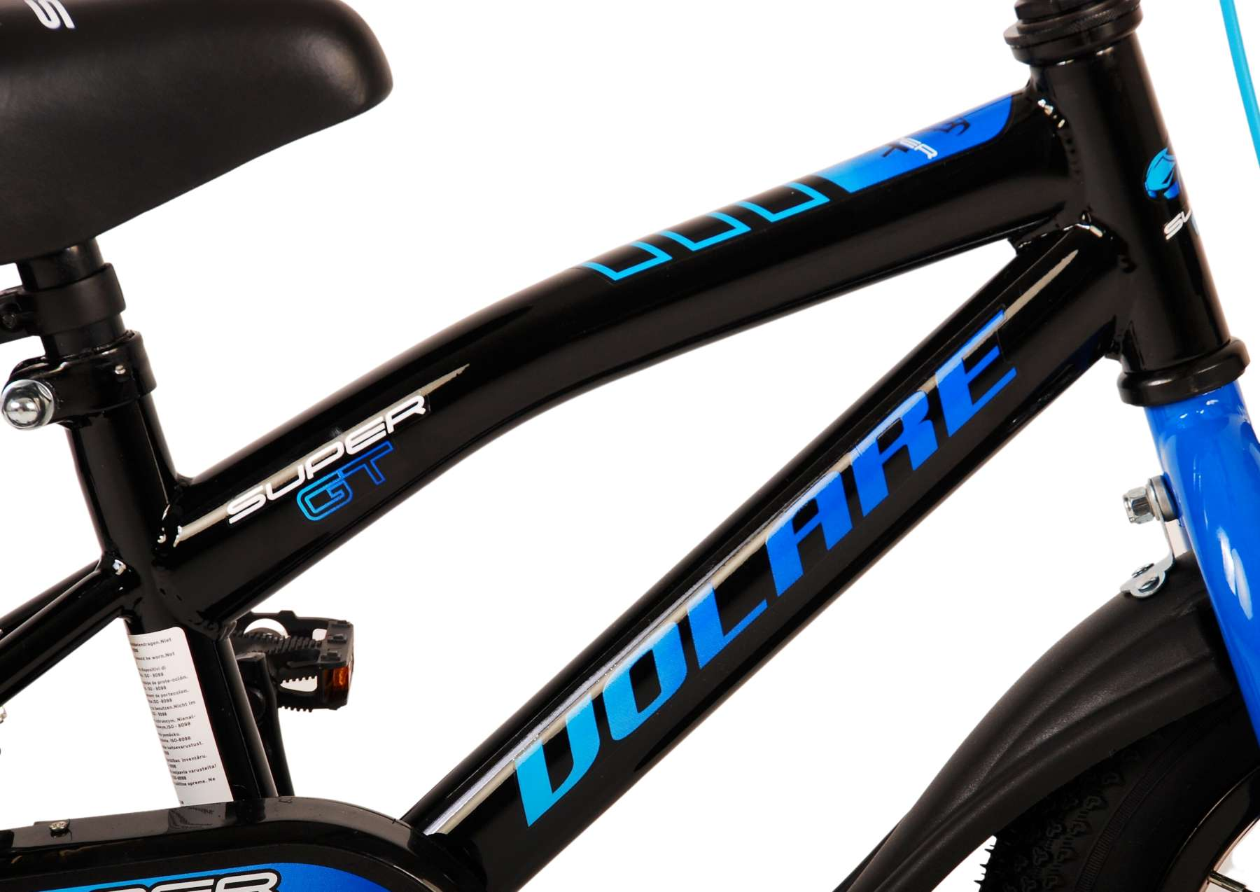 Schwarzer und blauer Fahrradrahmen mit den Texten "VOLARE" und "SUPER GT".