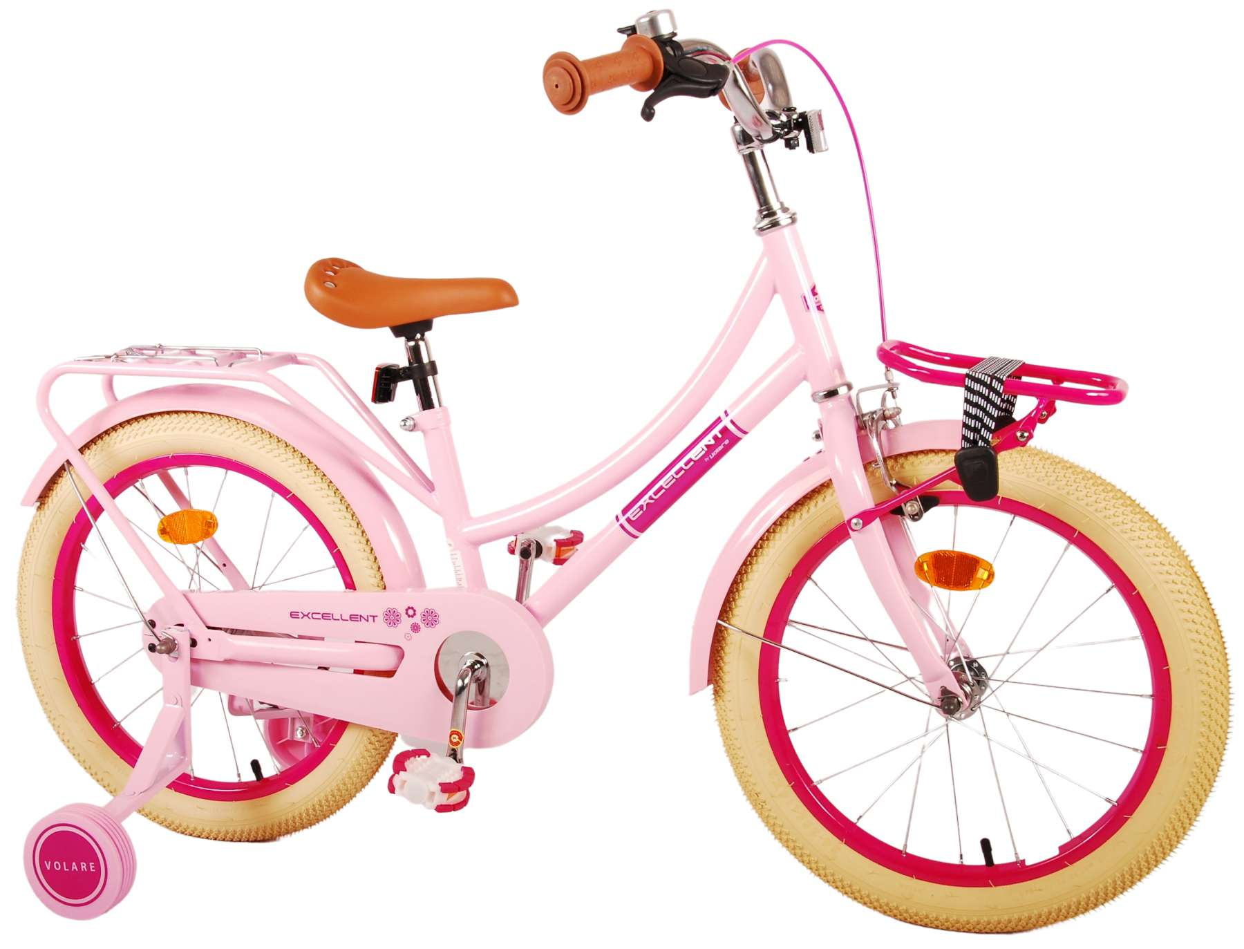 Rosa Kinderfahrrad mit Stützrädern. Das Fahrrad hat einen Korb und einen braunen Sitz.