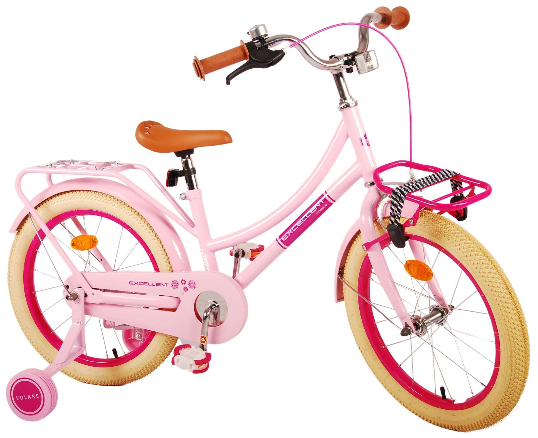 Rosa Fahrrad mit Korb und Stützrädern. Es hat weiße Reifen und einen braunen Sitz.