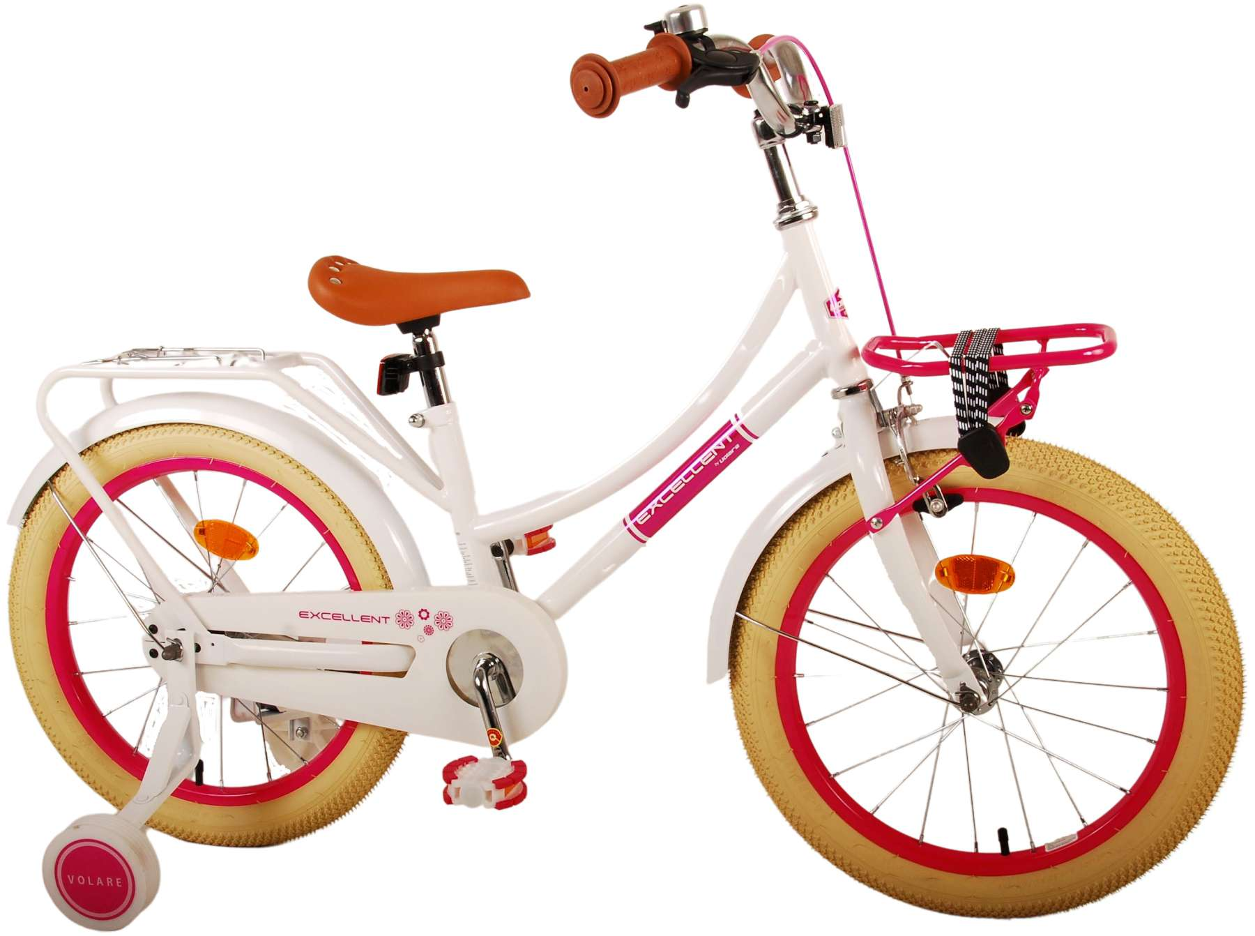 Weißes Fahrrad mit Stützrädern, einem Korb und einem braunen Sitz. Das Wort 'Excellent' ist sichtbar.