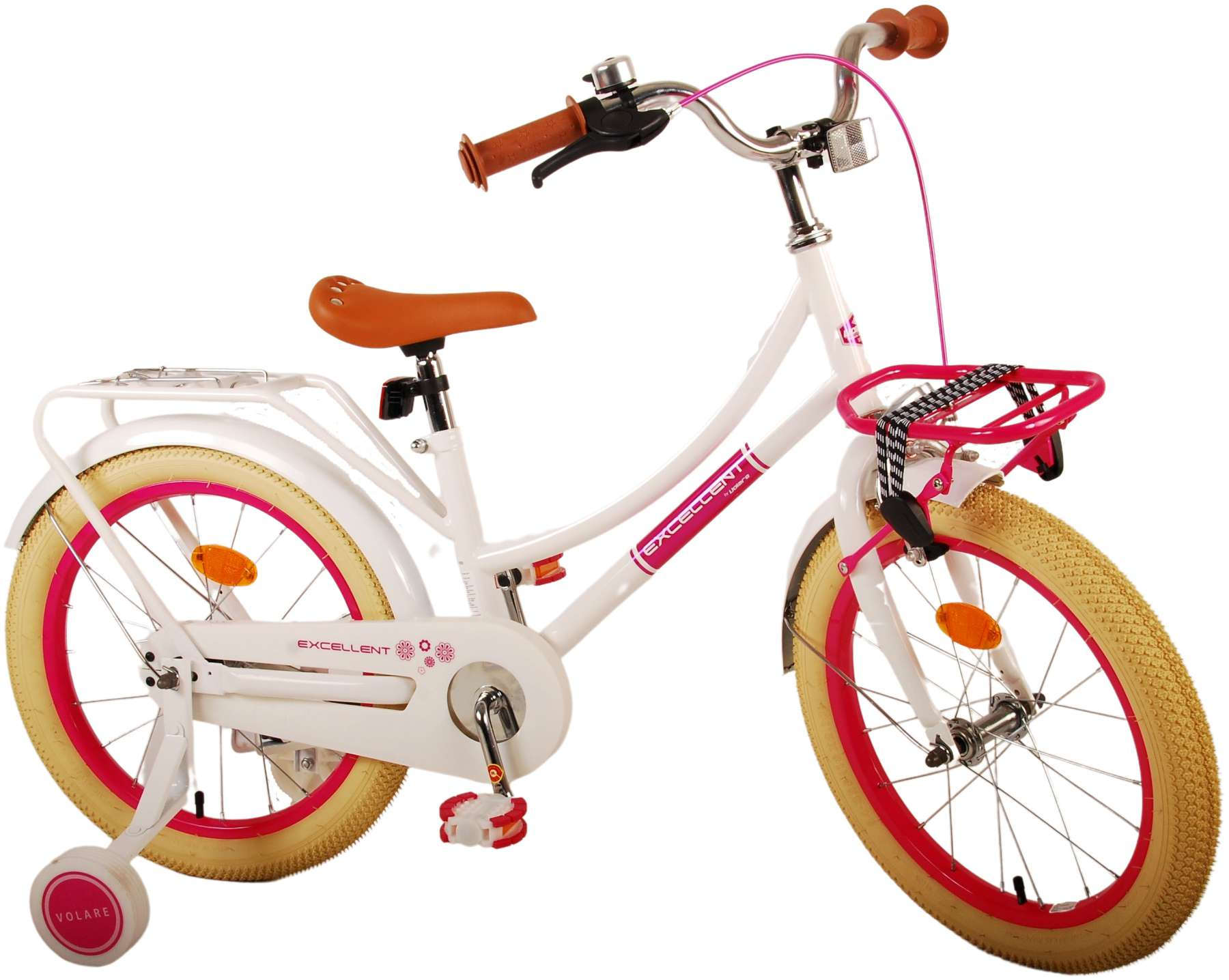 Weißes Fahrrad mit braunem Sattel, rosa Akzenten, Frontkorb und Stützrädern.
