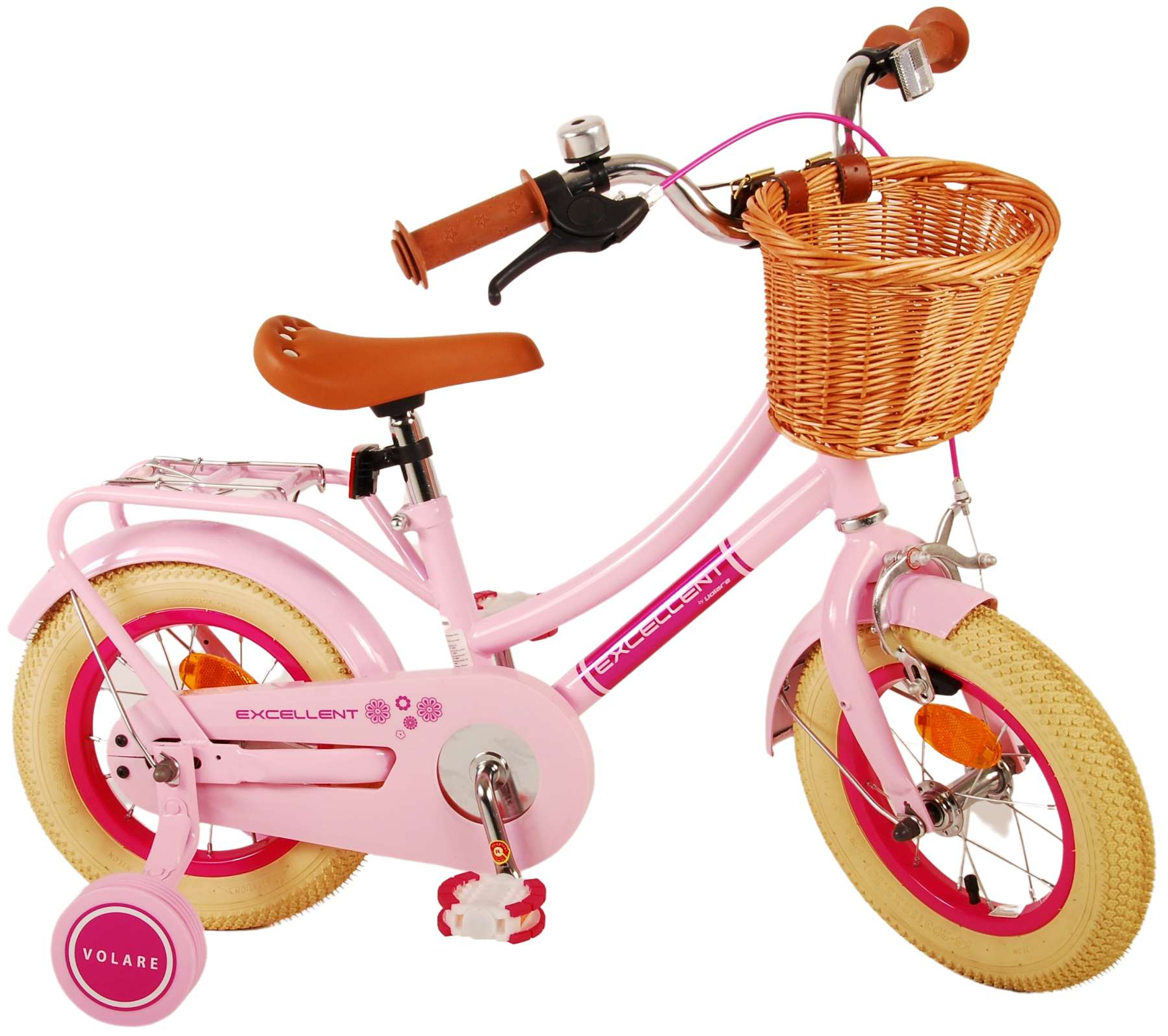 Rosa Kinderfahrrad mit Korb, Stützrädern und braunem Sattel.