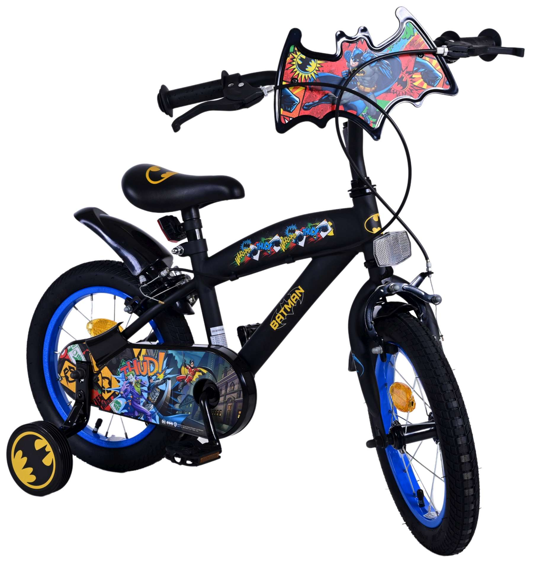 Schwarz-gelbes Batman-Fahrrad mit Stützrädern. Schwarzer Sitz und Lenker.
