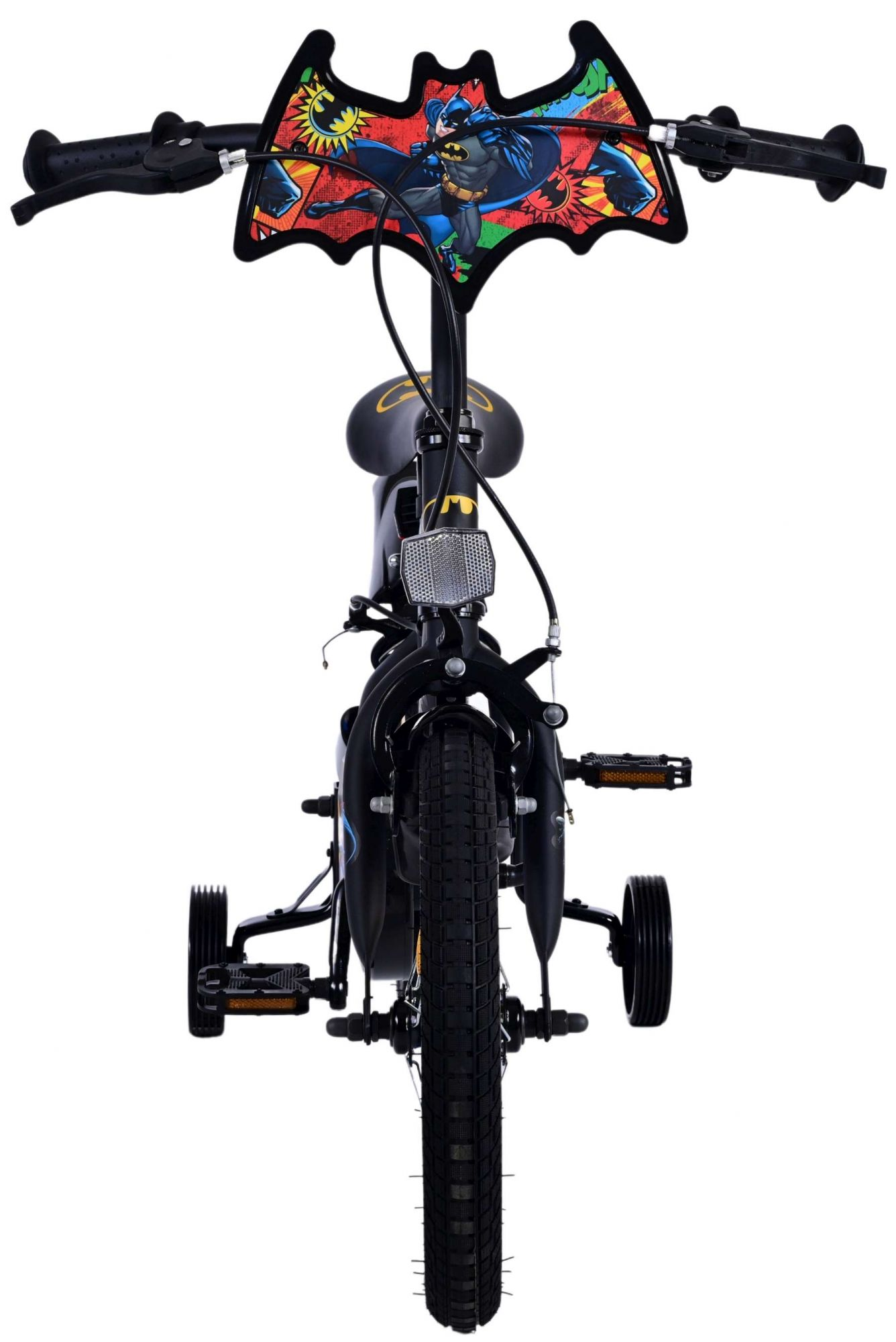 Vorderansicht eines schwarzen Batman-Fahrrads. Batman-Logo am Lenker, Stützräder befestigt.