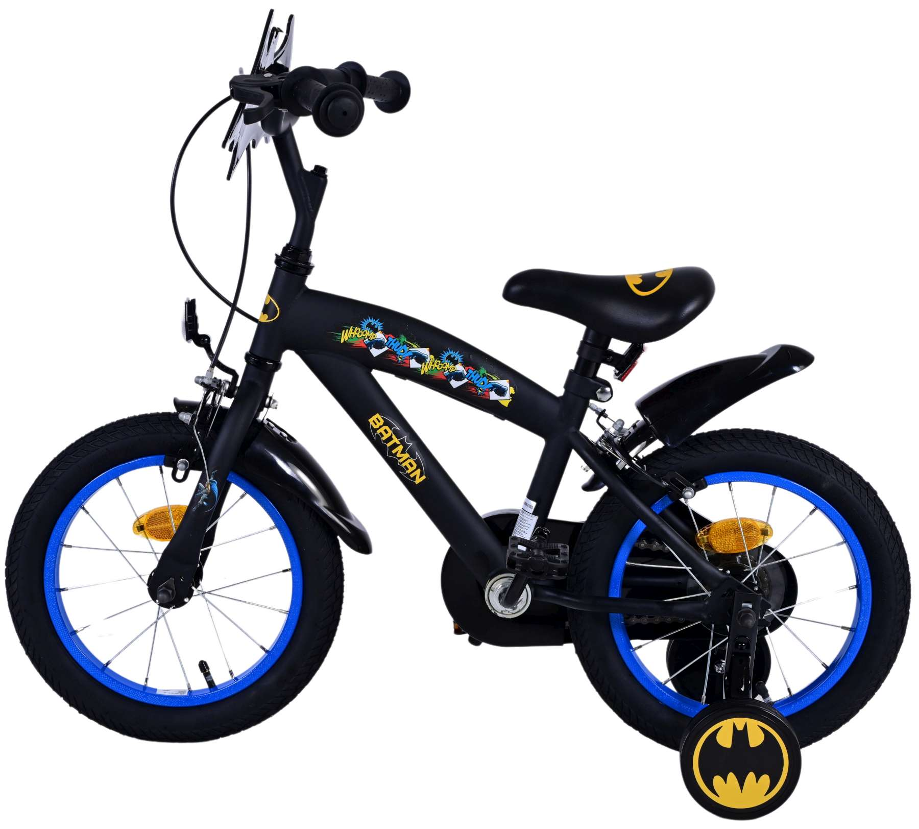 Schwarzes Batman-Kinderfahrrad mit blauen Akzenten an Reifen und Stützrädern.