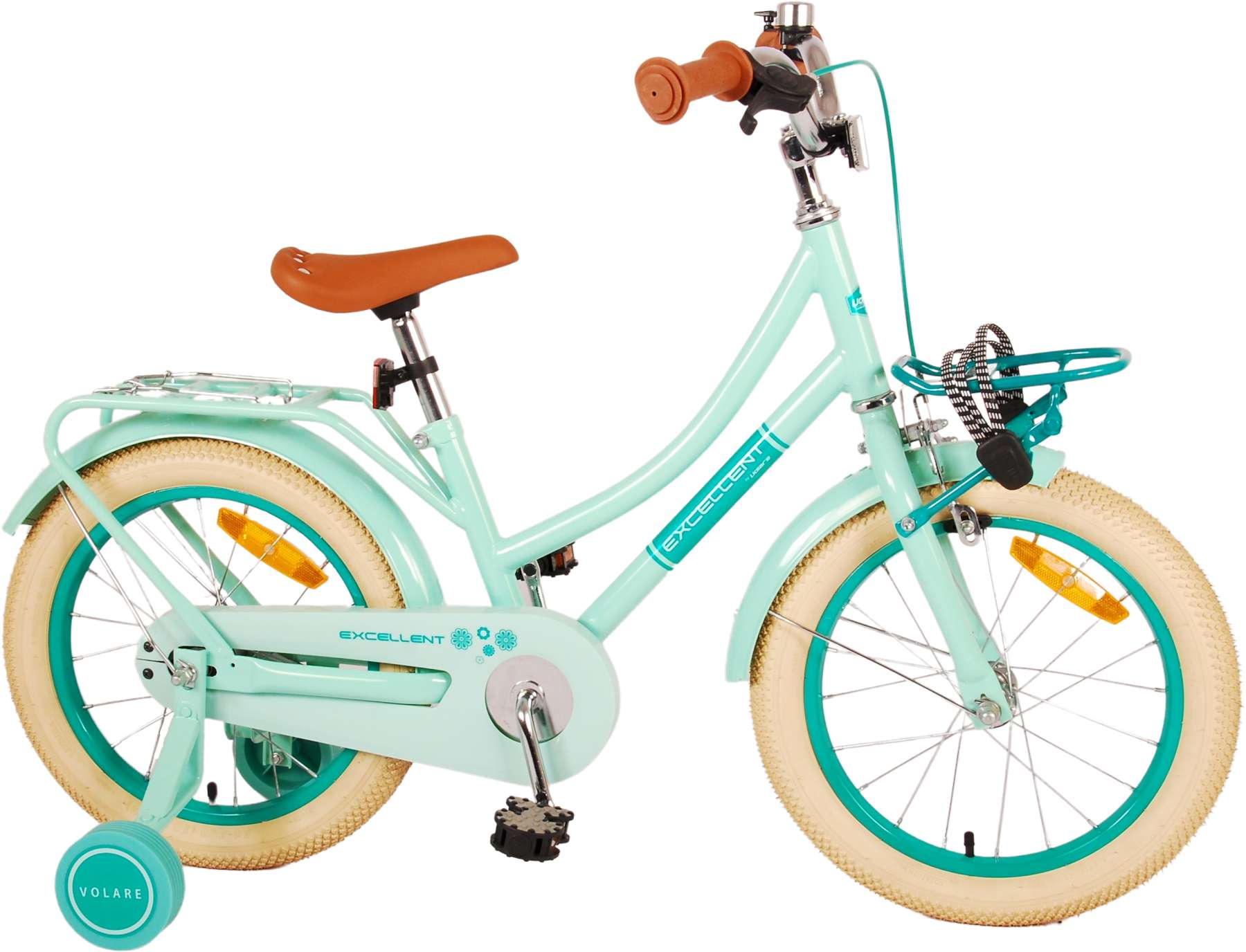 Minzgrünes Kinderfahrrad mit braunem Sattel und Stützrädern. Das Fahrrad hat einen Korb und eine Klingel.