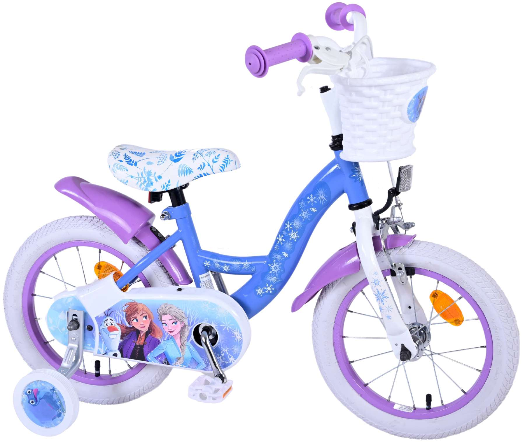 Bicicleta azul y morada con tema de Frozen. Llantas blancas, una cesta y ruedas de entrenamiento.