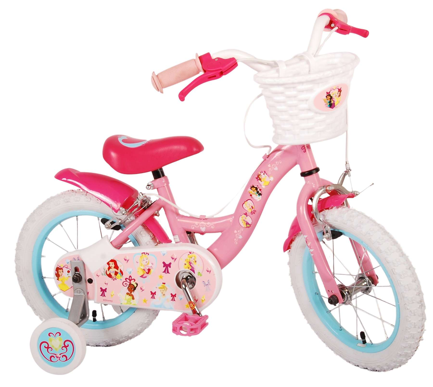 Rosa Kinderfahrrad mit Stützrädern und weißem Korb. Hat Prinzessinnen-Grafiken.