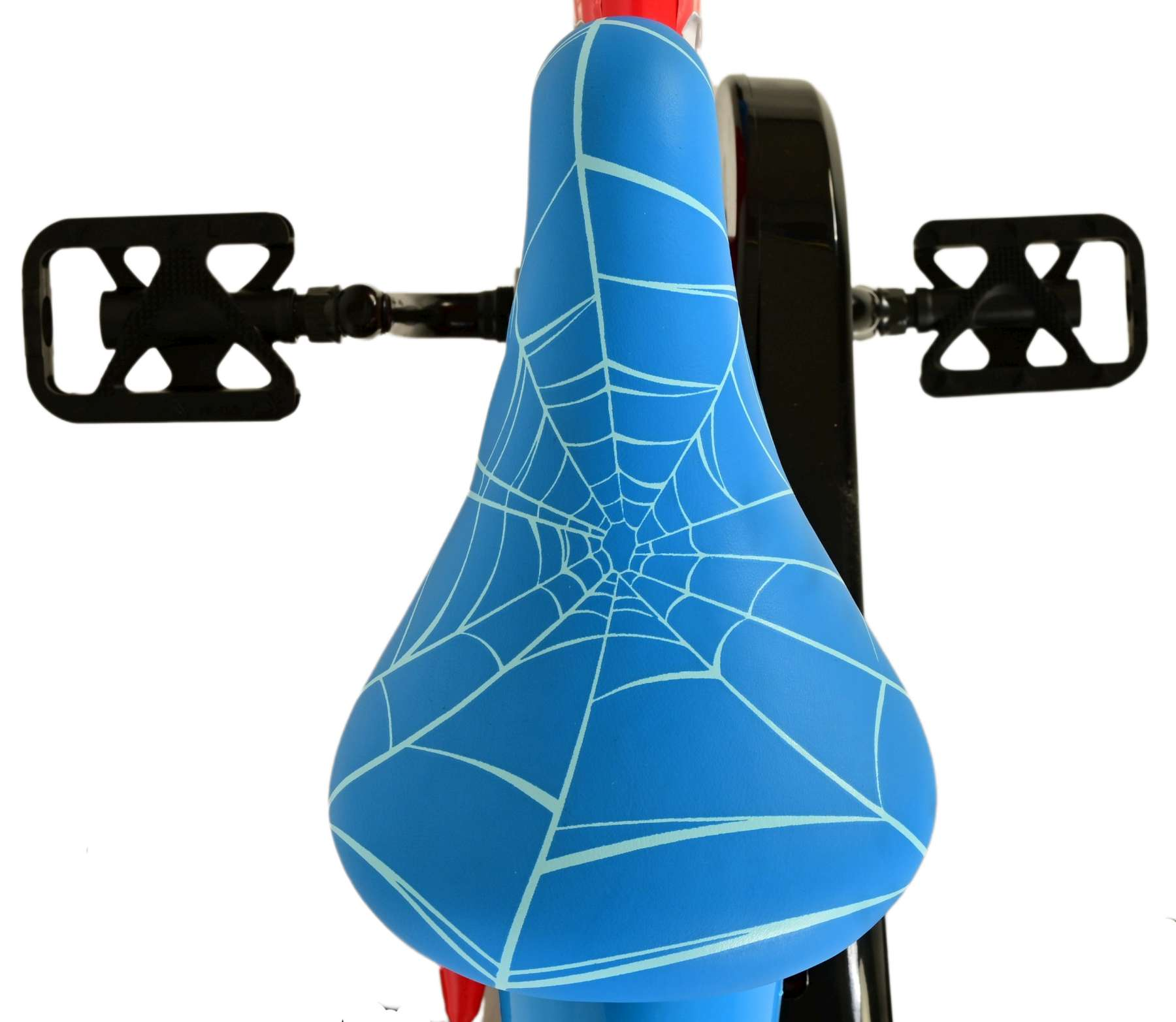 Blauer Fahrradsattel mit weißem Spinnennetz-Design.
