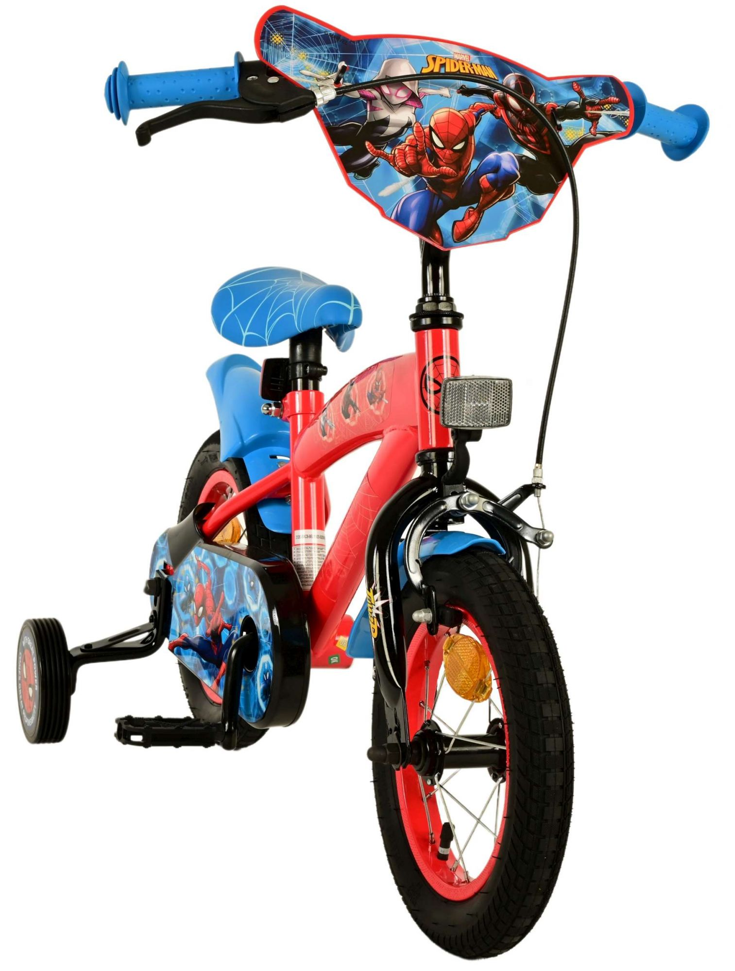 Rotes Spider-Man Kinderfahrrad mit Stützrädern und blauen Akzenten.