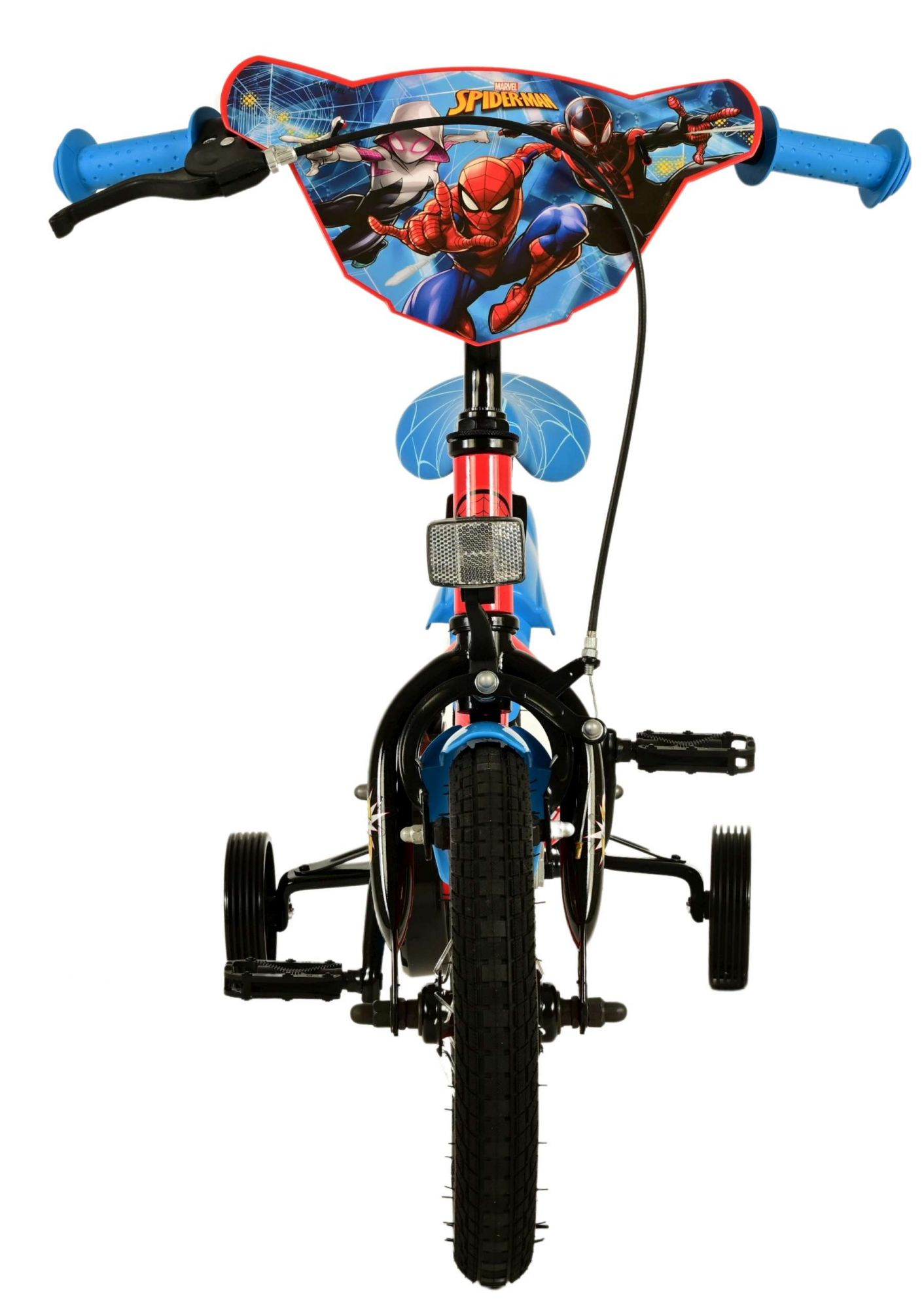 Spider-Man-Fahrrad mit blauen Akzenten, Stützrädern und einem schwarzen Reifen.