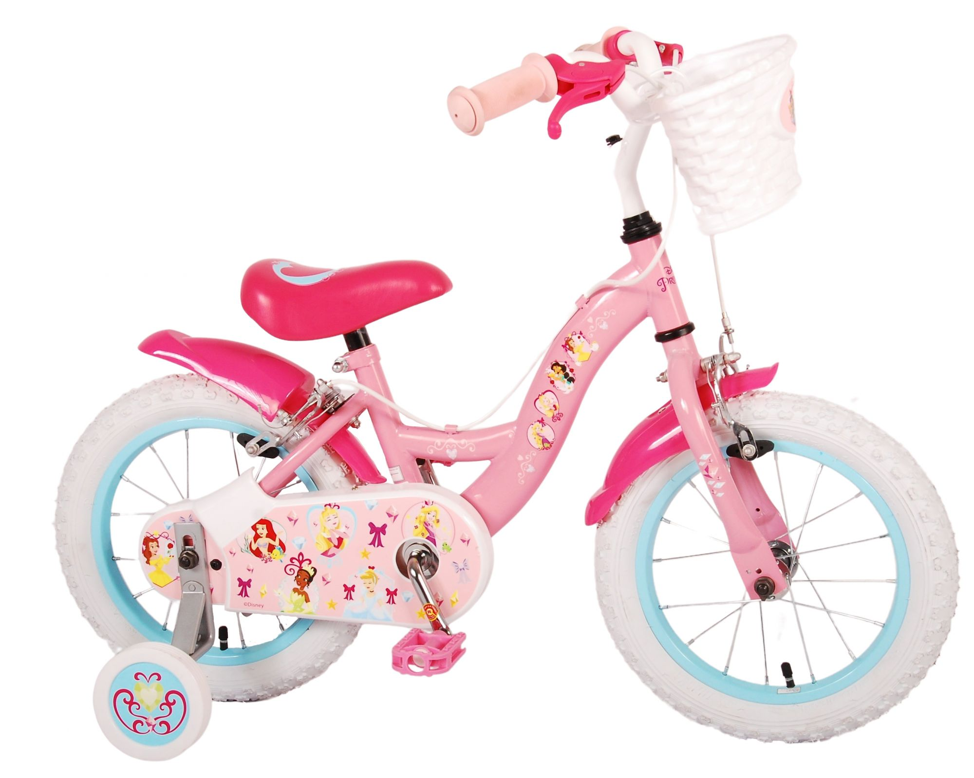 Rosa Kinderfahrrad mit Stützrädern. Es hat einen weißen Korb vorne mit Disney-Prinzessinnen-Grafiken.