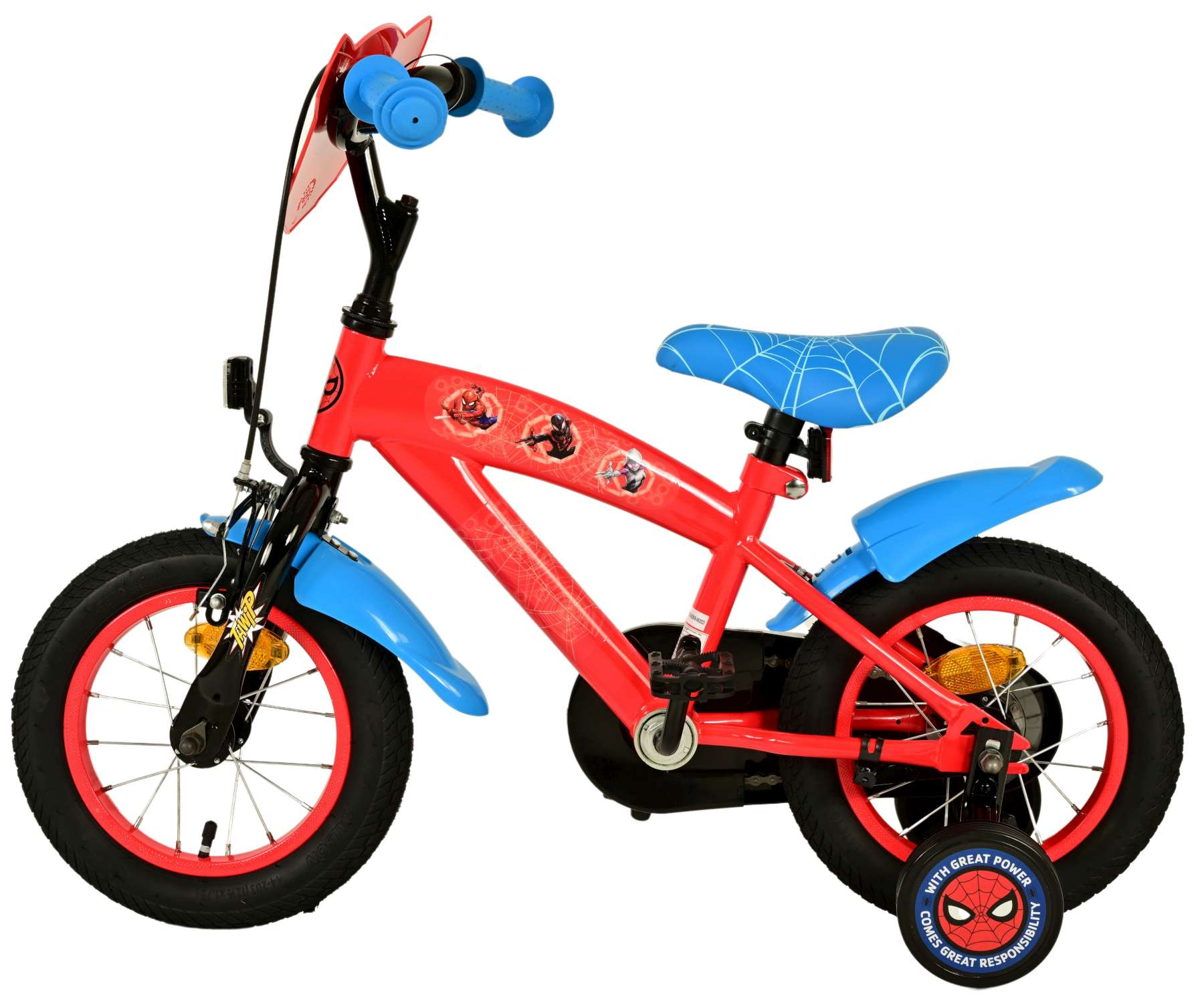 Rotes Spider-Man-Fahrrad mit blauen Akzenten, Stützrädern und Spider-Man-Grafiken.