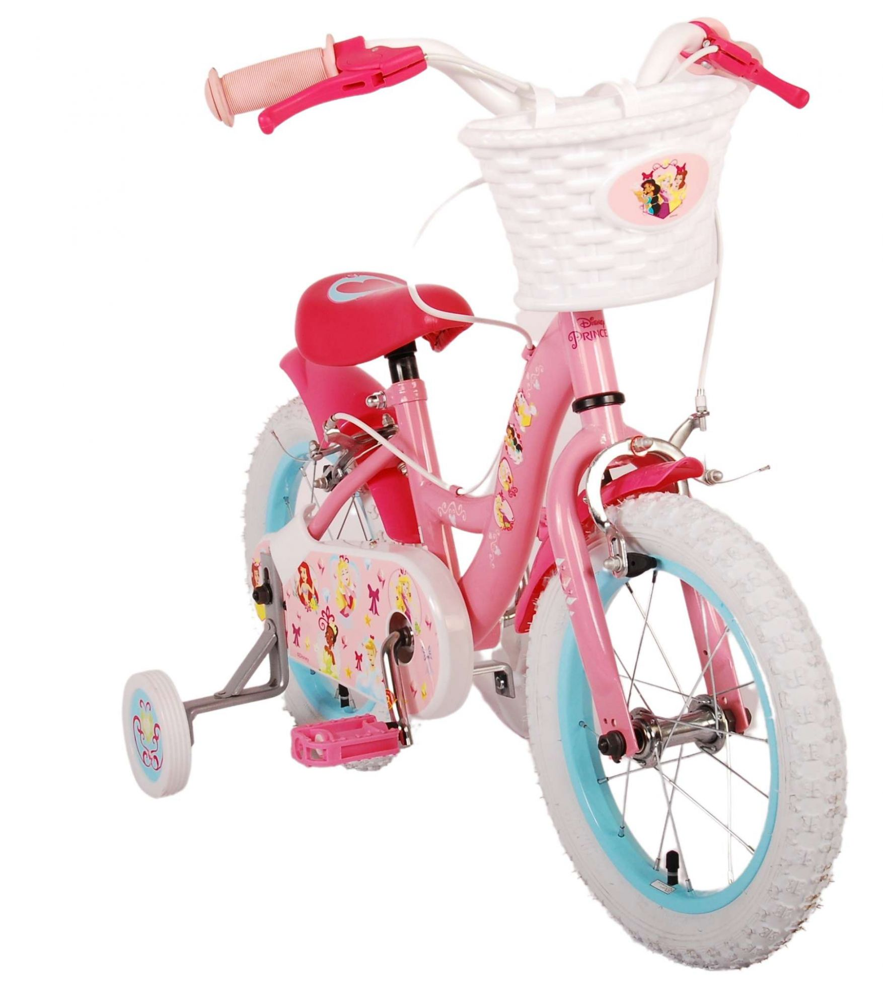 Ein rosa Fahrrad mit Prinzessinnen-Thema und Stützrädern.