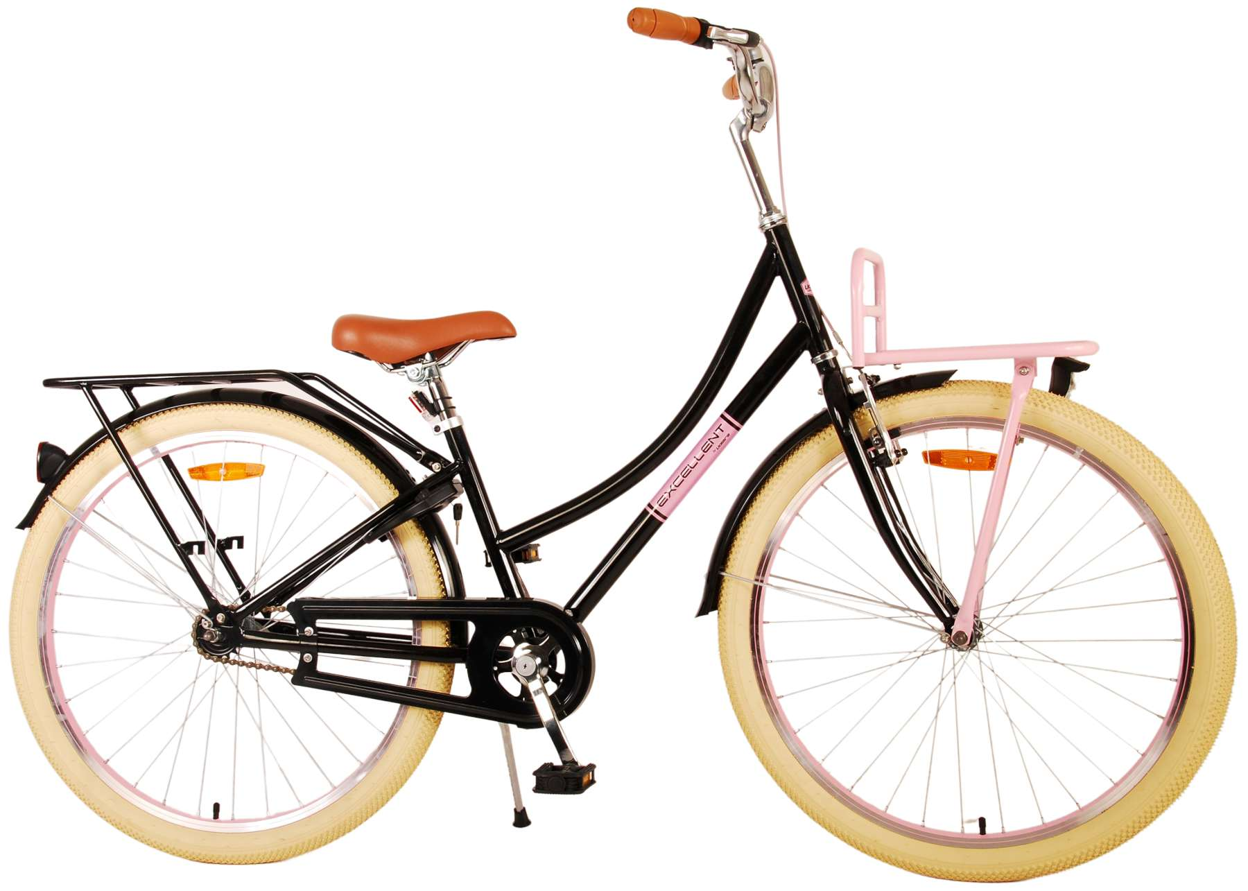 Schwarzes Fahrrad mit braunem Sattel und rosa Korb. Mit Gepäckträger, hellen Reifen und rosa Akzenten.
