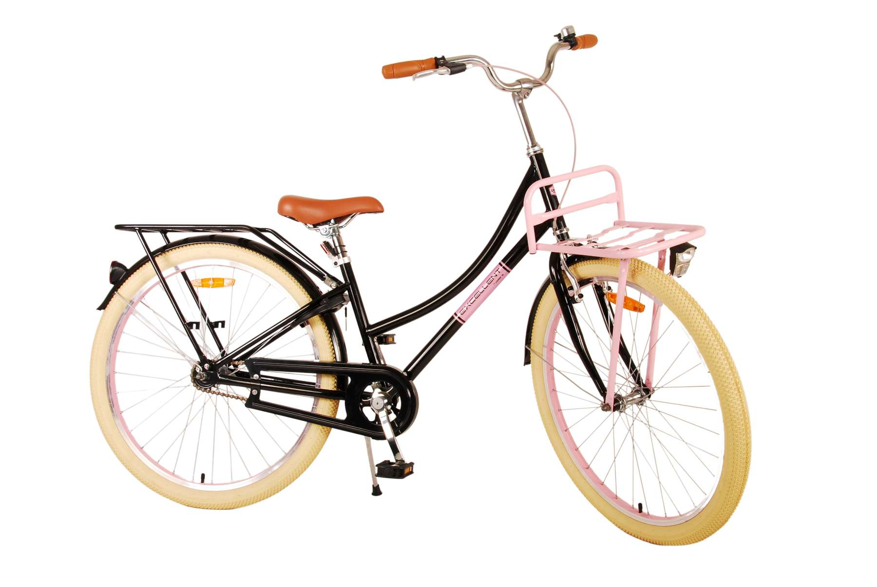 Schwarzes Fahrrad mit rosa Akzenten, braunem Sattel und rosa Frontkorb.