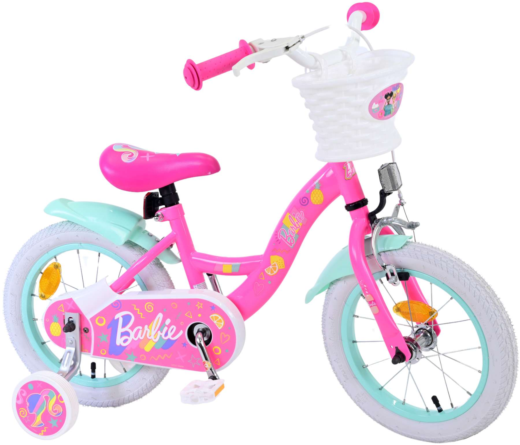 Pinkes Barbie-Fahrrad. Mit weißem Korb, Stützrädern und pinkfarbenem Rahmen mit Barbie-Branding.