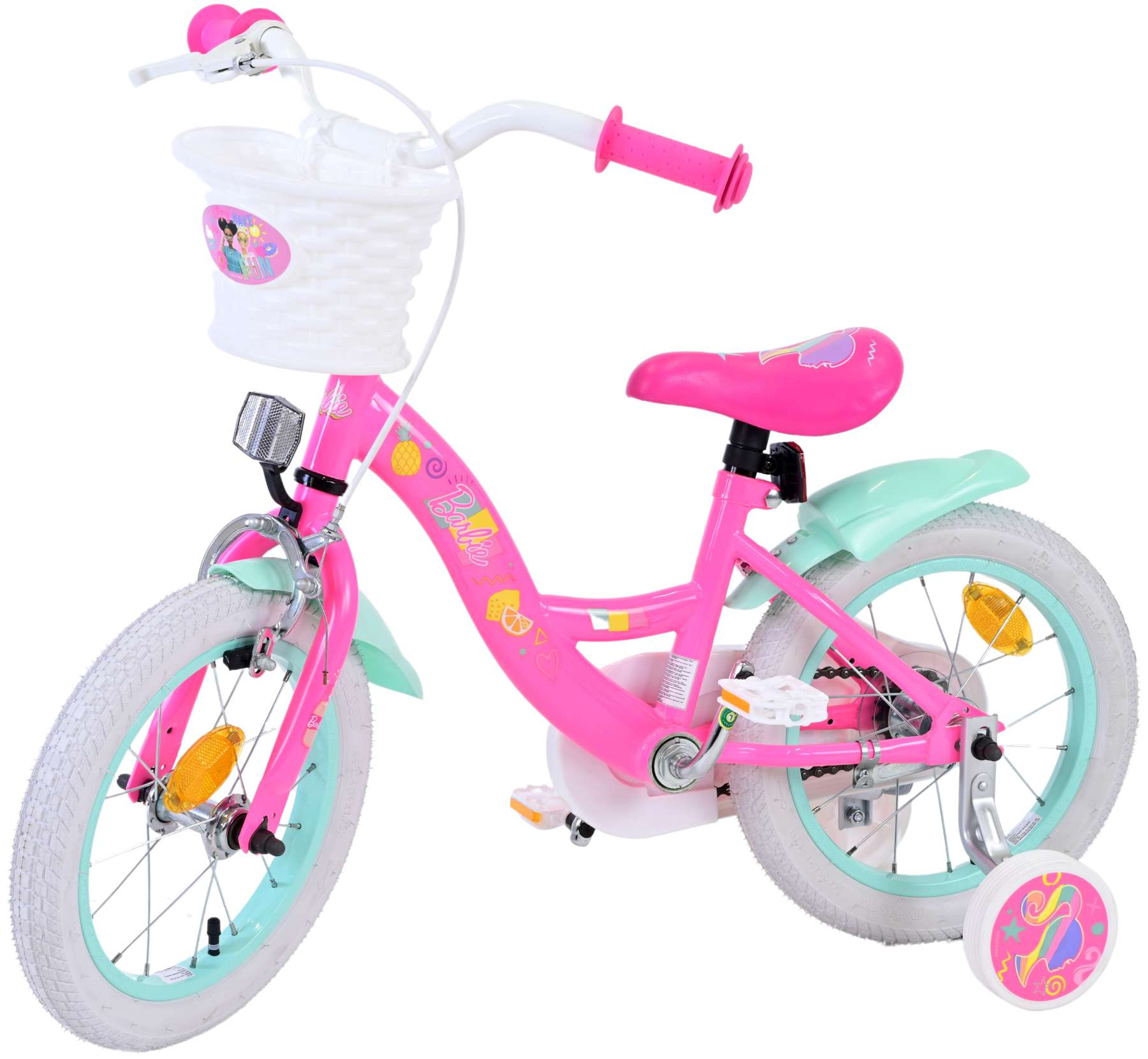 Rosa Mädchenfahrrad mit Korb, weißen Reifen und Stützrädern. Das Fahrrad hat ein Barbie-Thema.