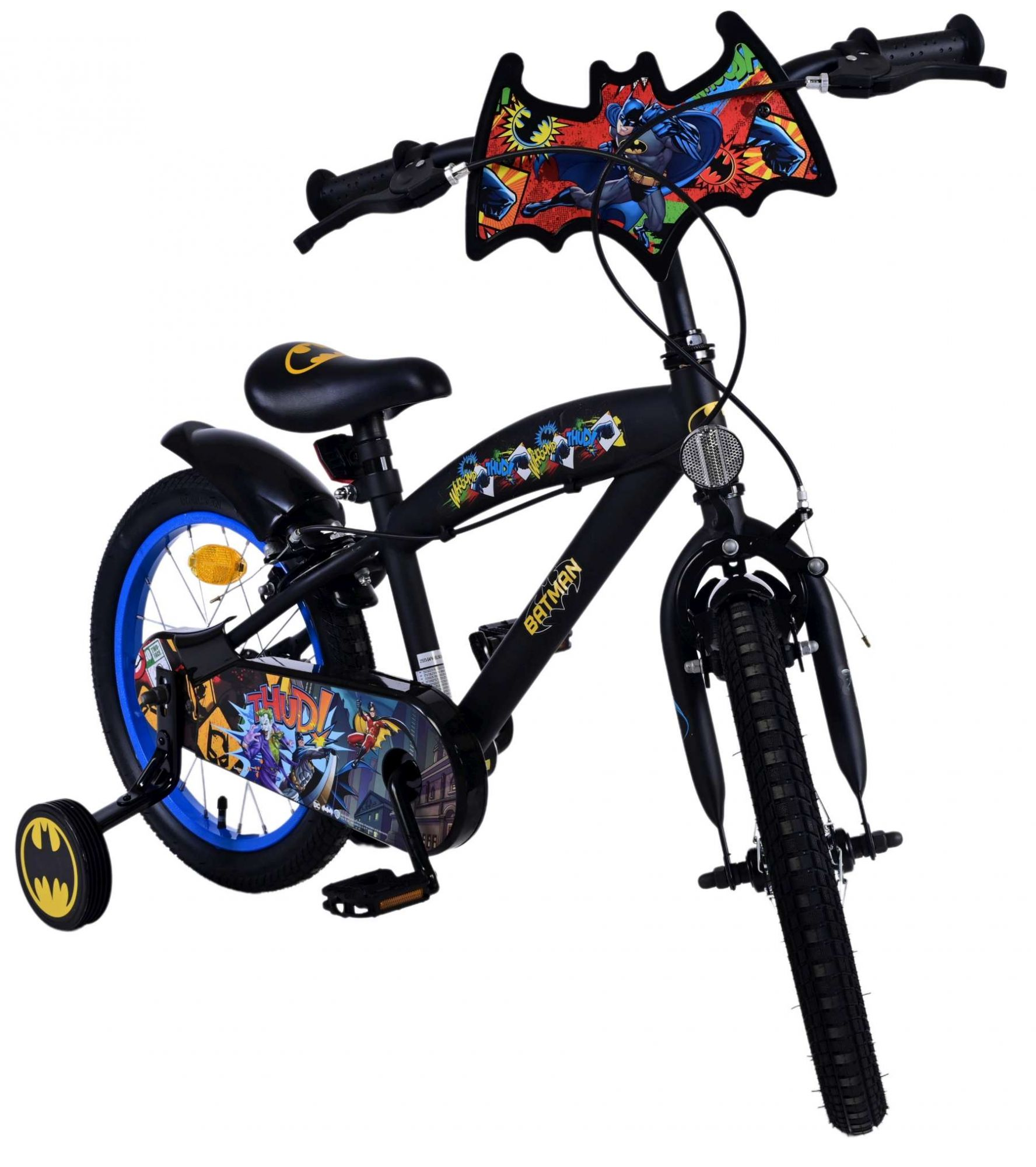 Ein schwarzes Fahrrad im Batman-Design mit Stützrädern.