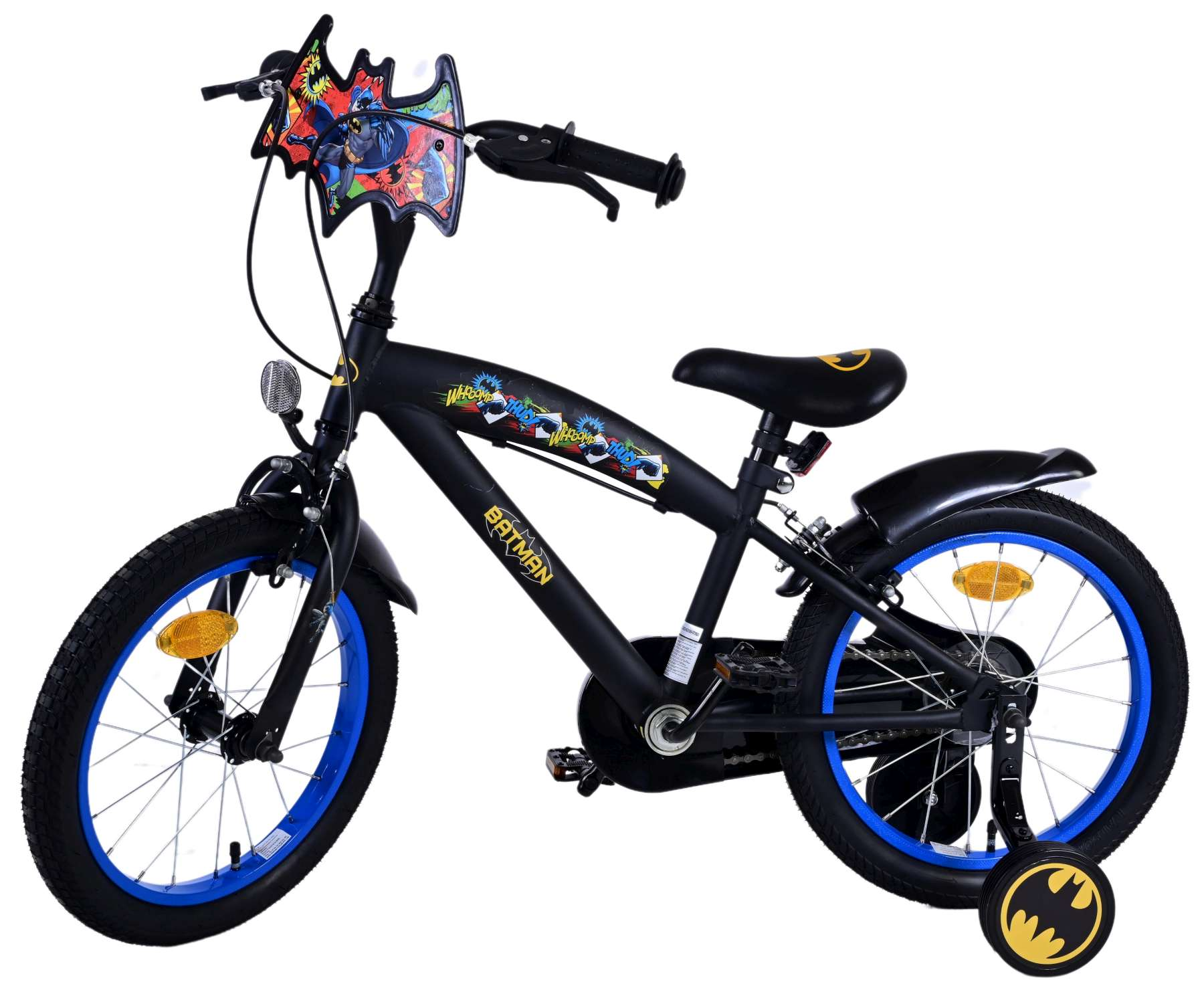 Schwarzes Batman-Fahrrad mit blauen Akzenten. Stützräder mit Batman-Logo. Batman-Emblem am Lenker.