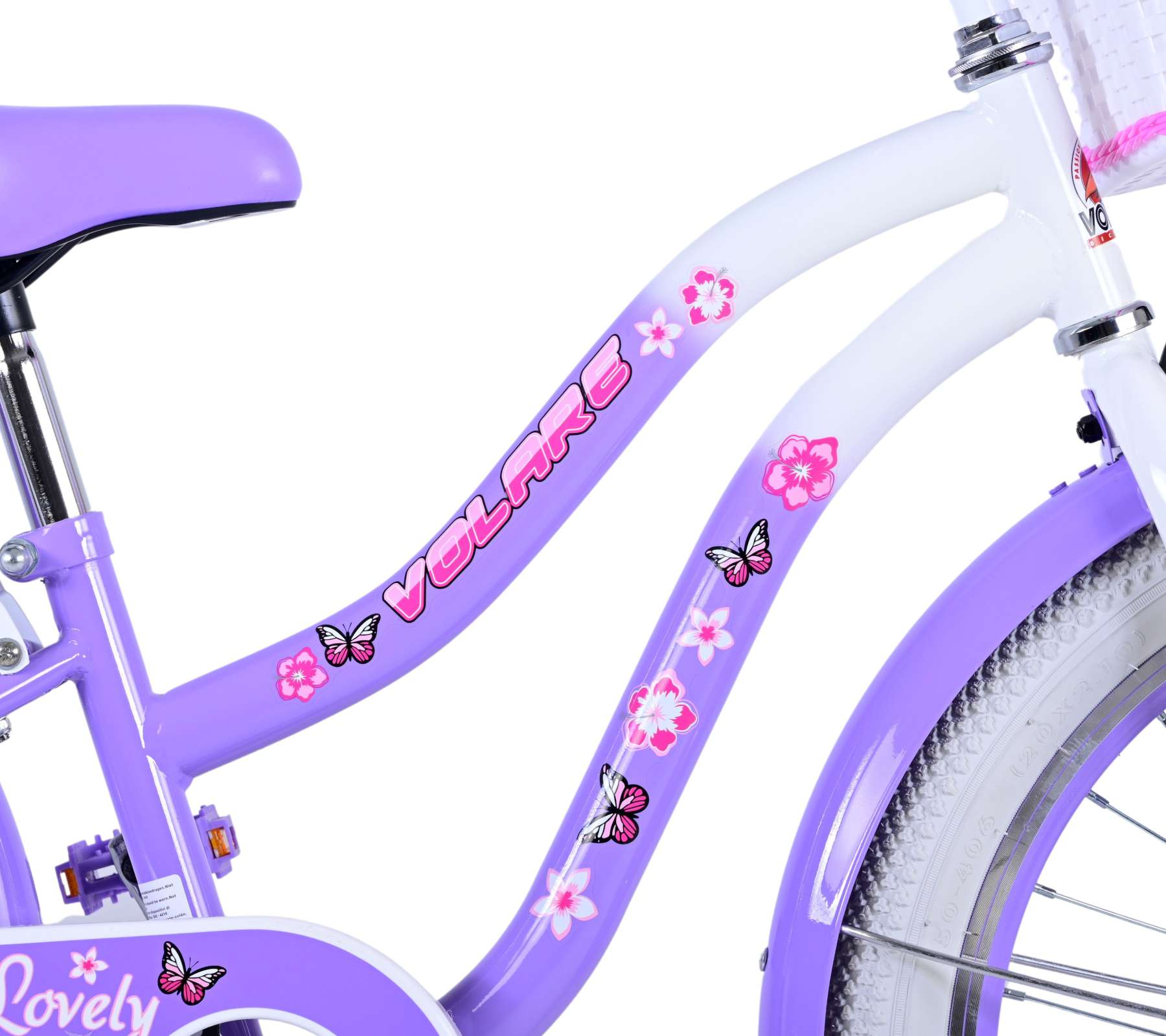 Weißes und lila Fahrrad mit Blumendetails. Der Markenname 'Volare' ist sichtbar.