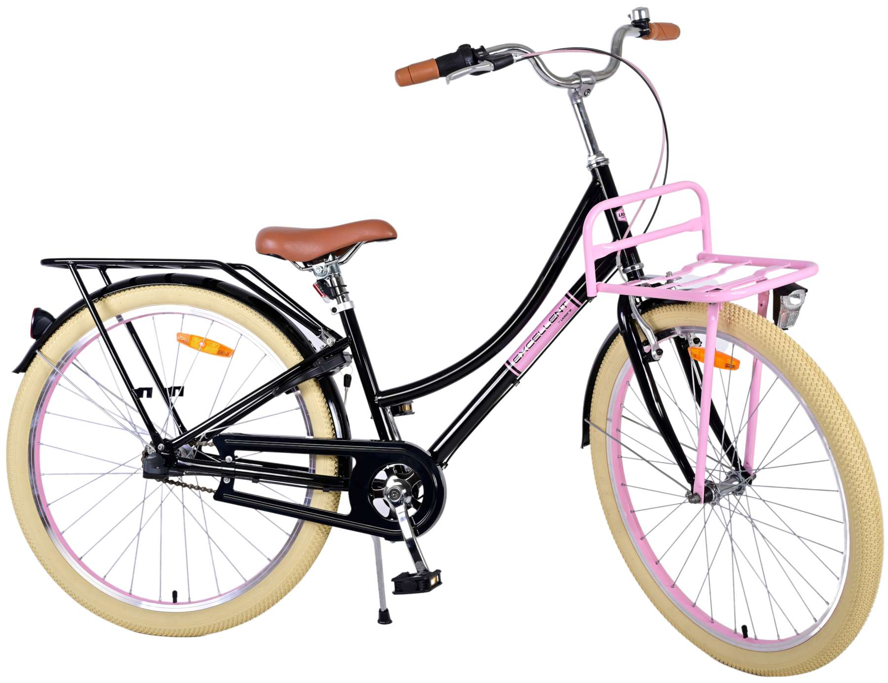 Schwarzes Fahrrad mit pinkfarbenem Korb und Akzenten. Es hat einen braunen Sattel und Reifen.