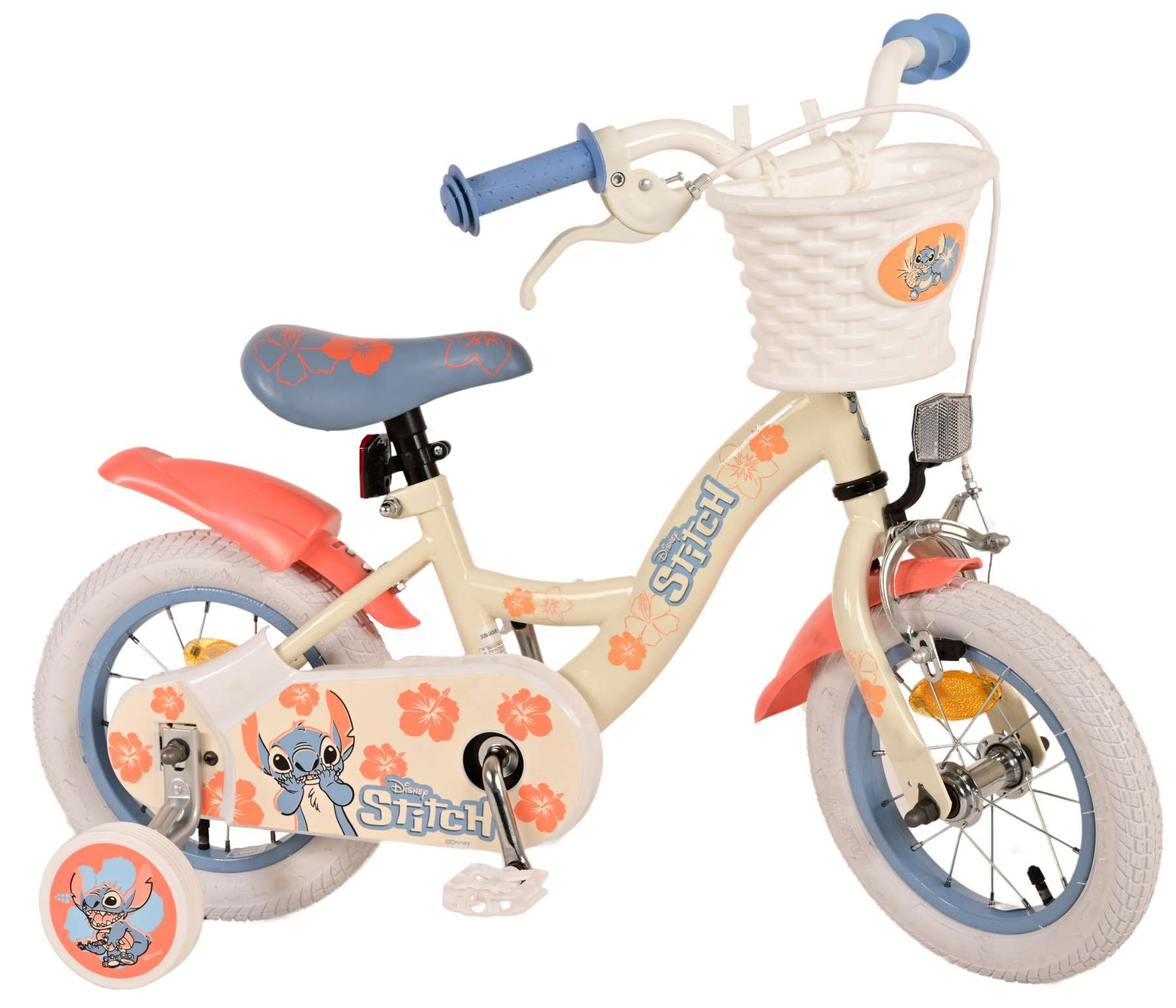 Ein cremefarbenes Stitch-Fahrrad mit Stützrädern und floralen Akzenten.