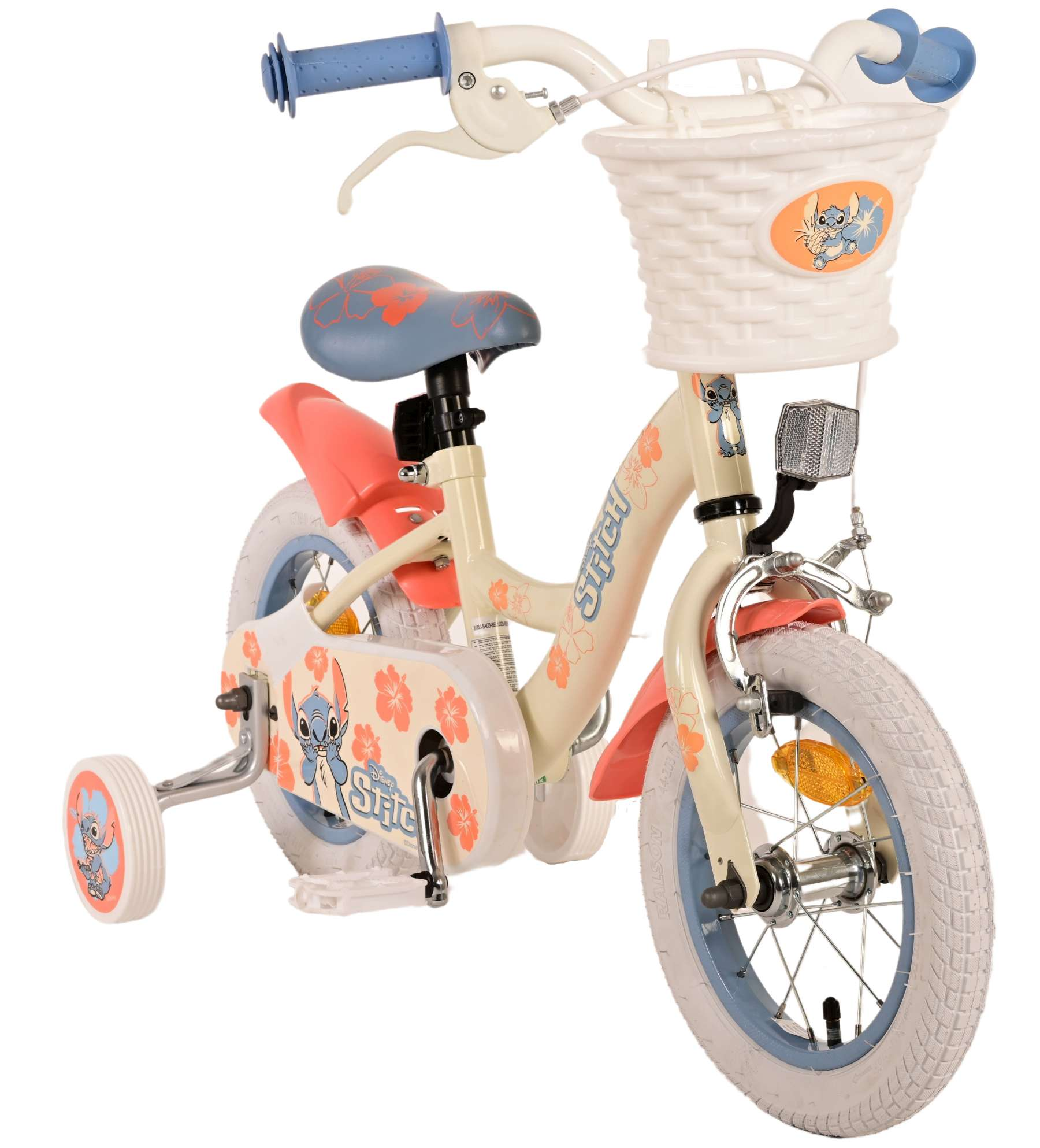 Cremefarbenes Kinderfahrrad mit Stitch-Grafiken, Stützrädern und einem weißen Korb.