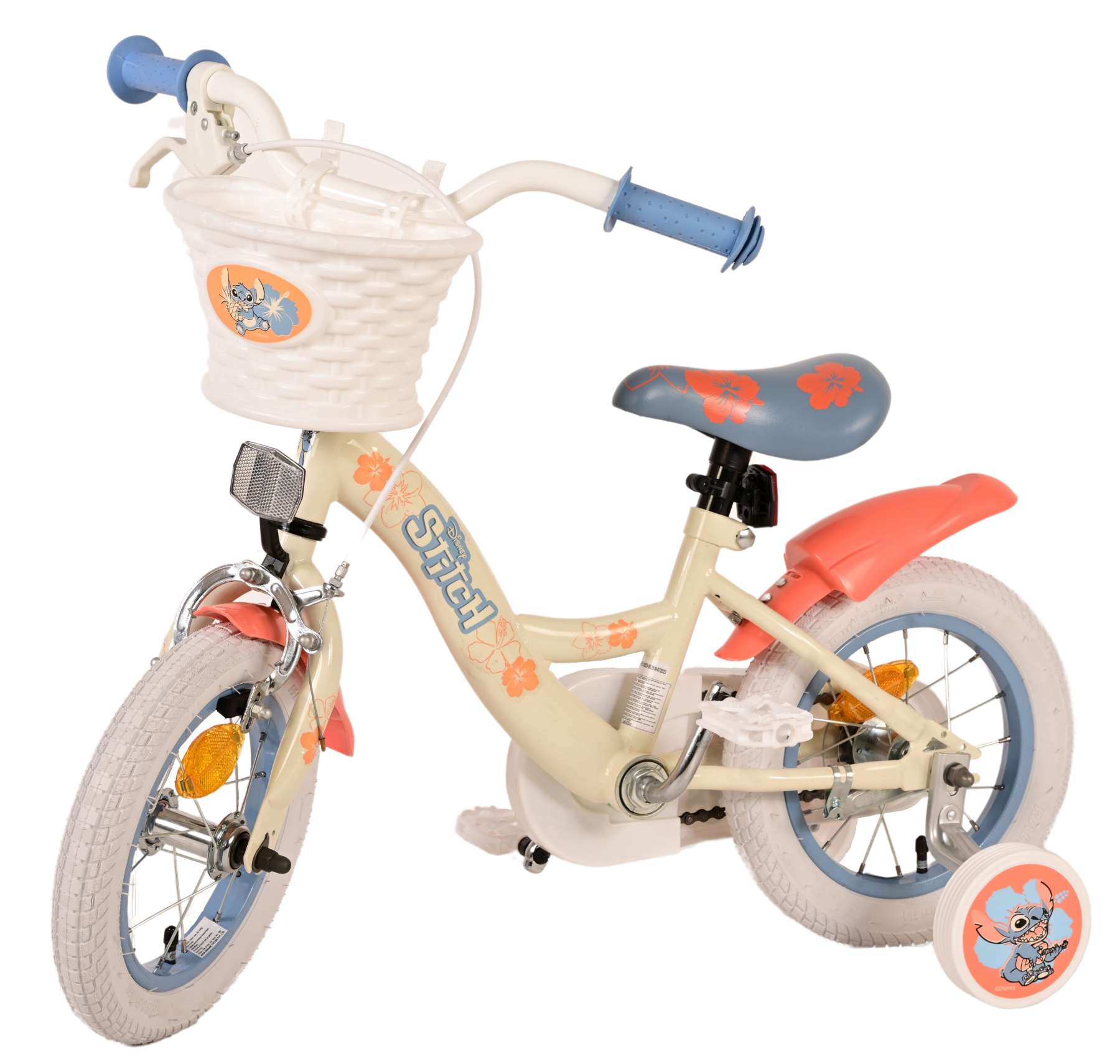 Cremefarbenes Kinderfahrrad mit hellblauen Details und einem Korb.