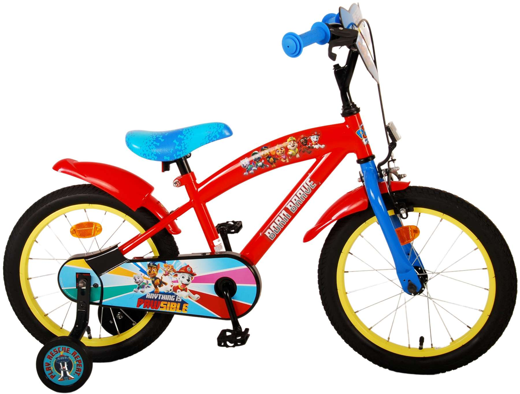 Rotes Paw Patrol Fahrrad mit Paw Patrol Charakteren. Blauer Sitz, gelbe und blaue Akzente an den Rädern.