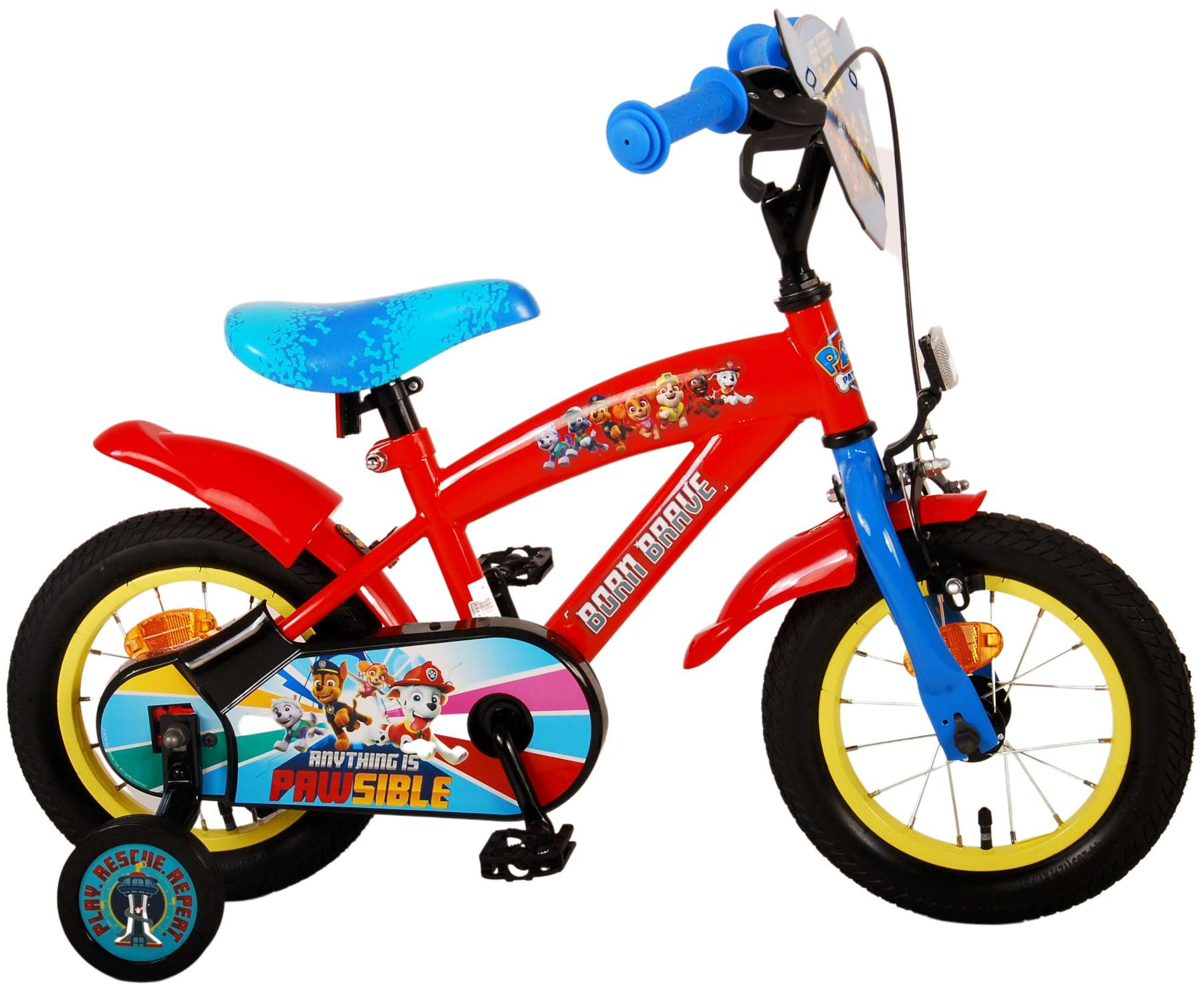 Rotes Paw Patrol Kinderfahrrad. Roter Rahmen mit Paw Patrol Figuren und blauen Akzenten.